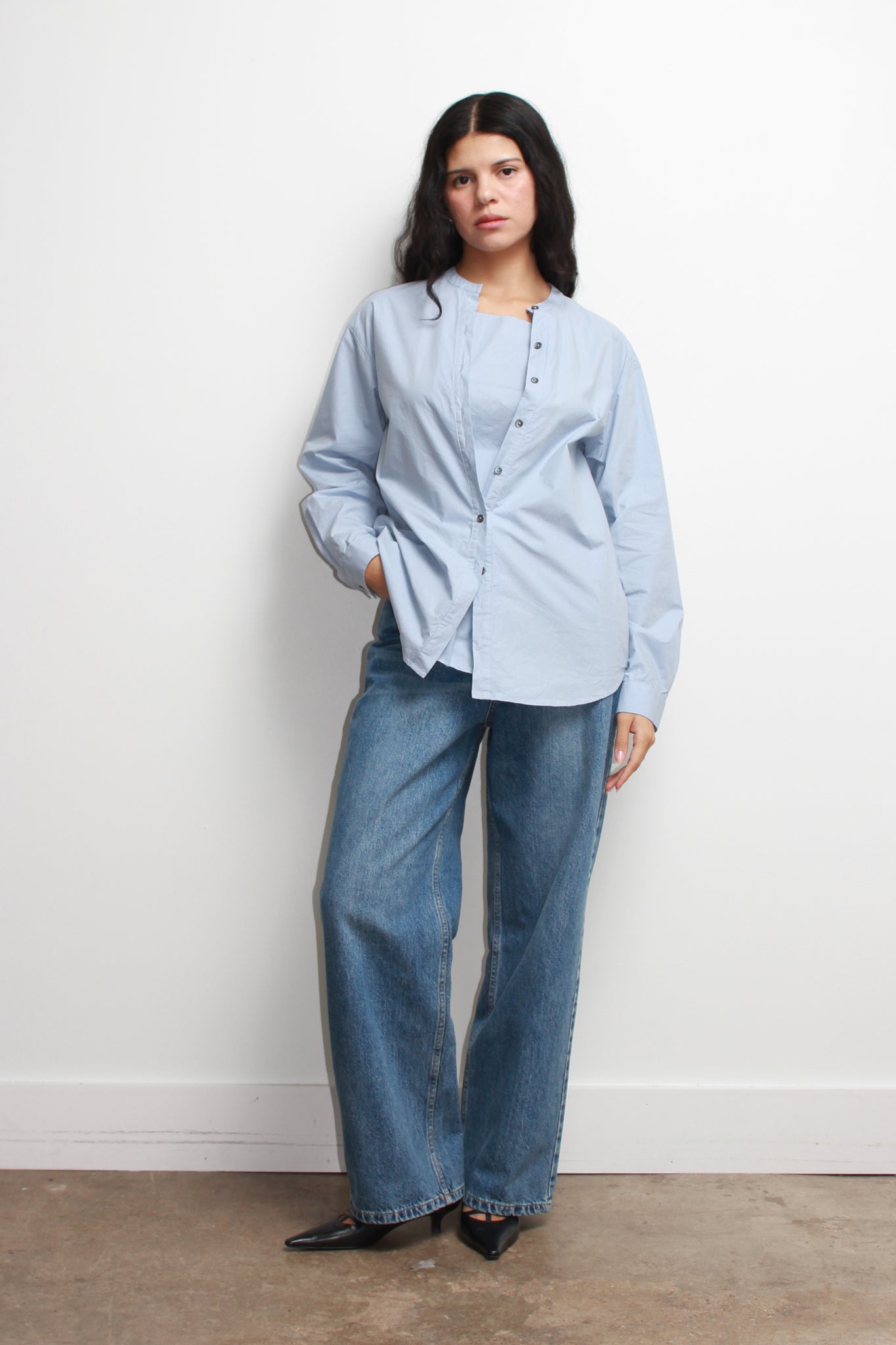 Hidden Square Neck Button Up Shirt in Sky Blue