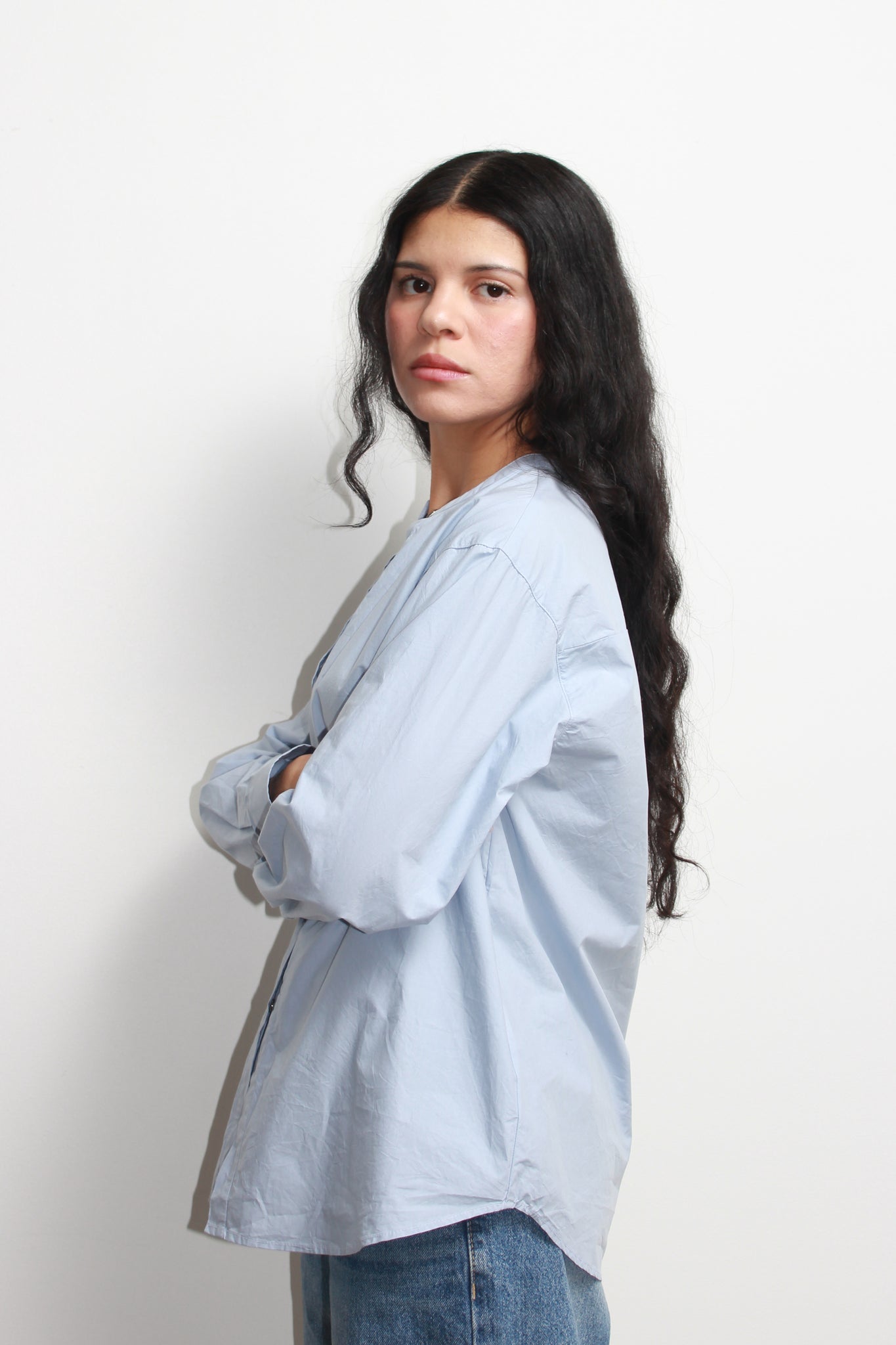 Hidden Square Neck Button Up Shirt in Sky Blue