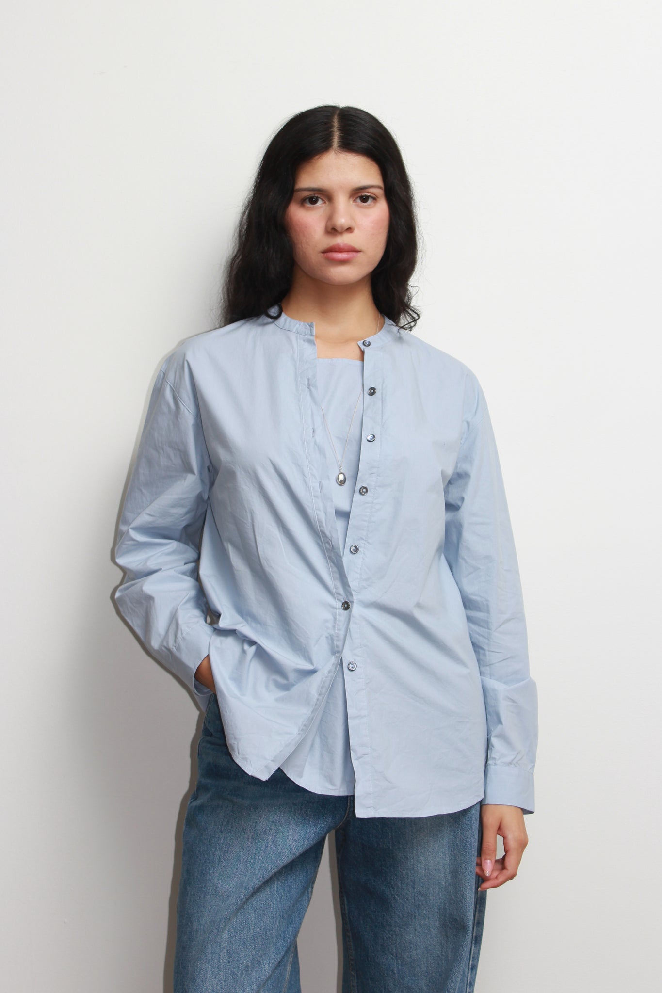 Hidden Square Neck Button Up Shirt in Sky Blue