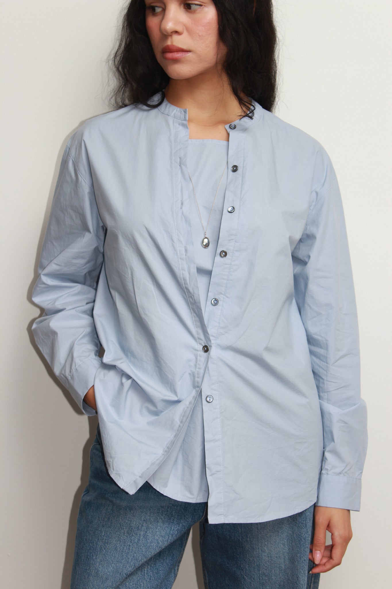 Hidden Square Neck Button Up Shirt in Sky Blue