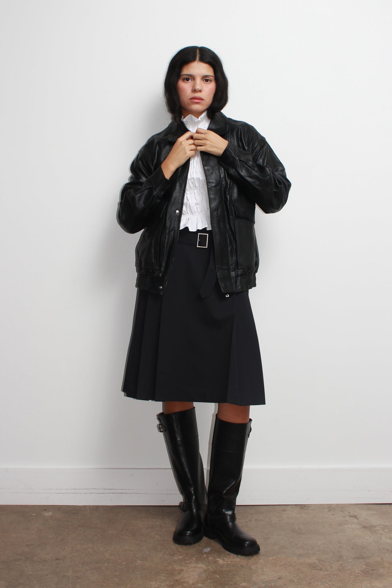 Pleated Belt Skirt in Navy