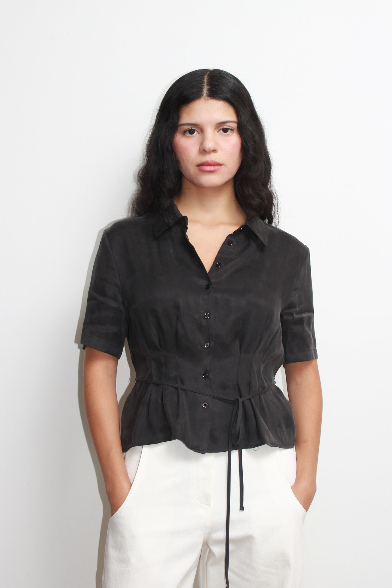 Silky Waist Pin Tuck Shirt in Charcoal