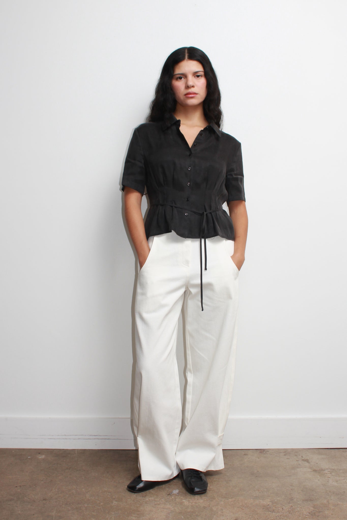 Silky Waist Pin Tuck Shirt in Charcoal