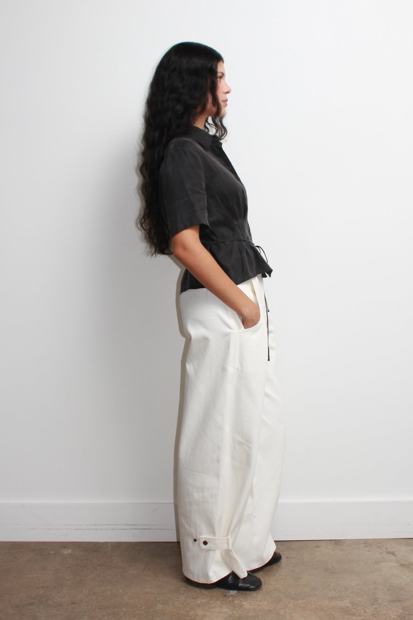 Silky Waist Pin Tuck Shirt in Charcoal