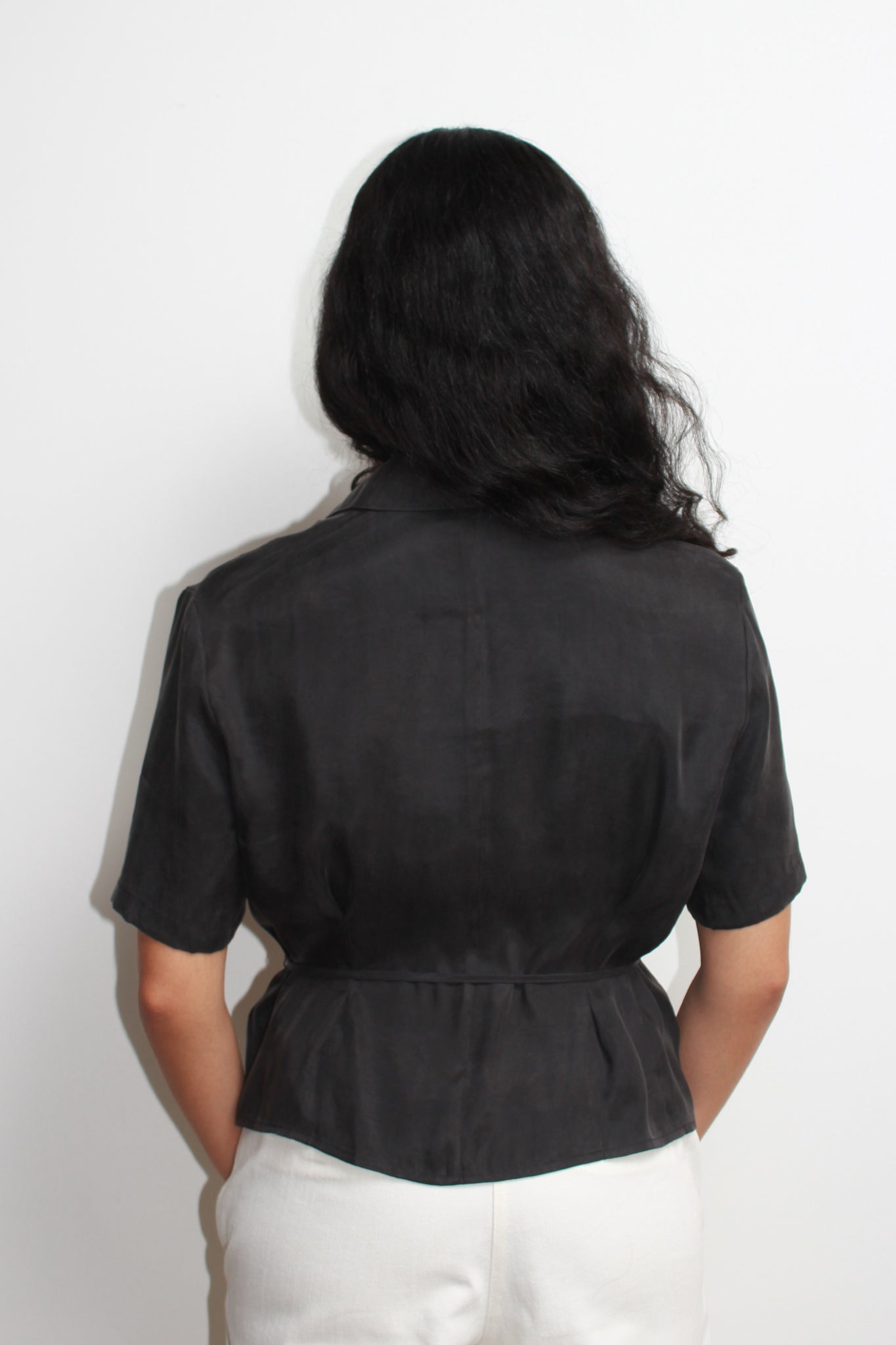 Silky Waist Pin Tuck Shirt in Charcoal