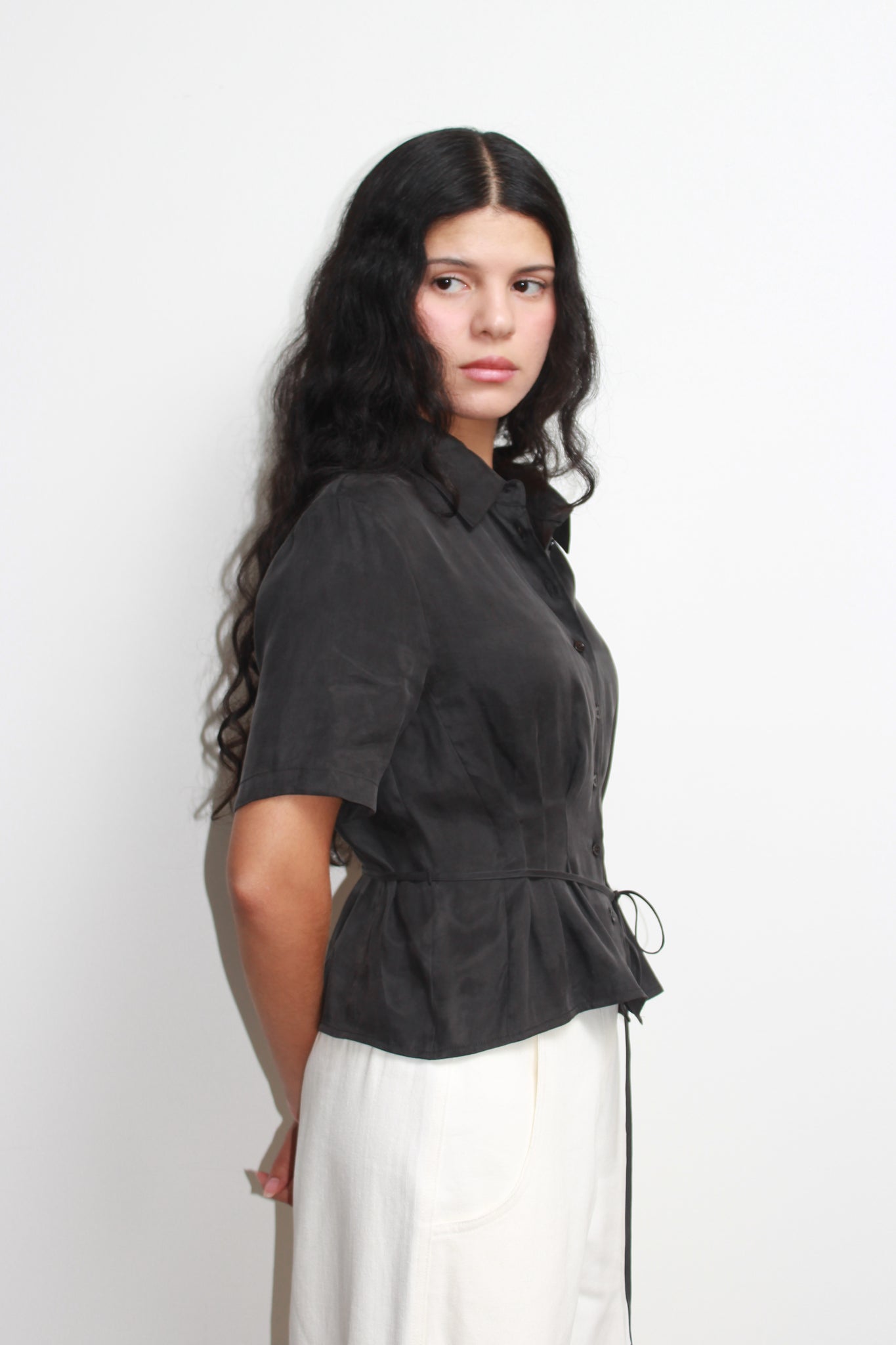 Silky Waist Pin Tuck Shirt in Charcoal