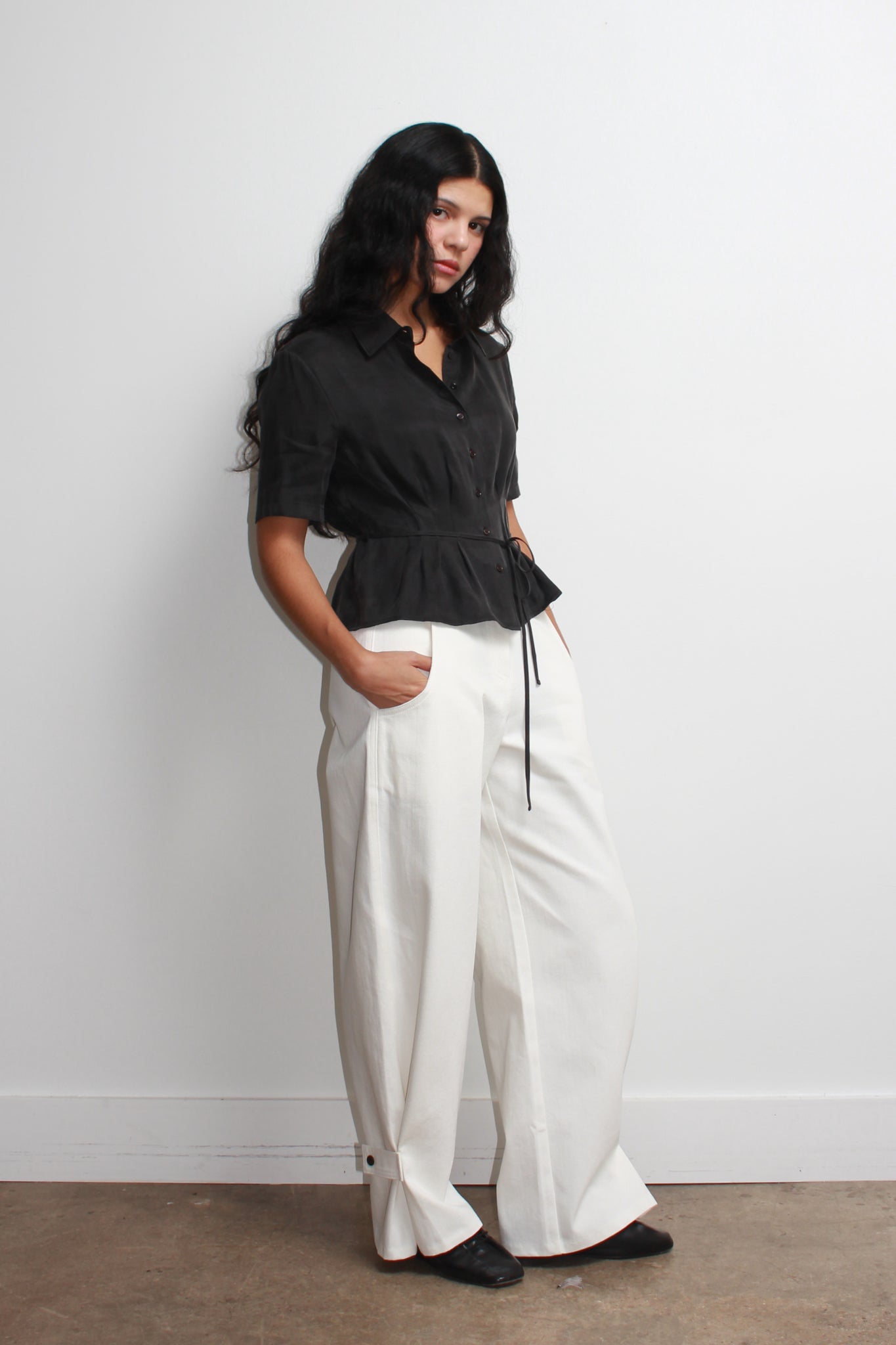 Silky Waist Pin Tuck Shirt in Charcoal
