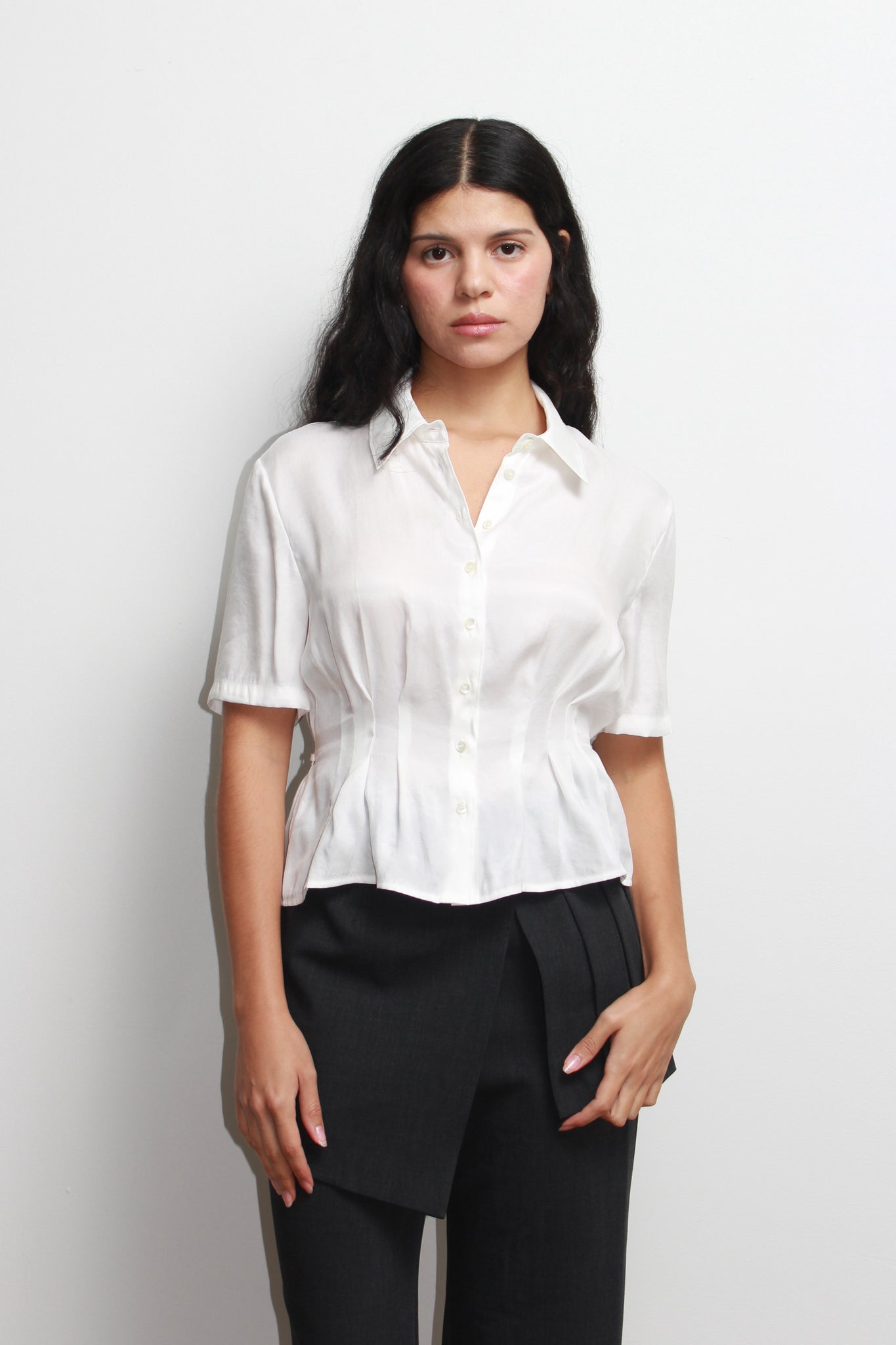 Silky Waist Pin Tuck Shirt in Off White