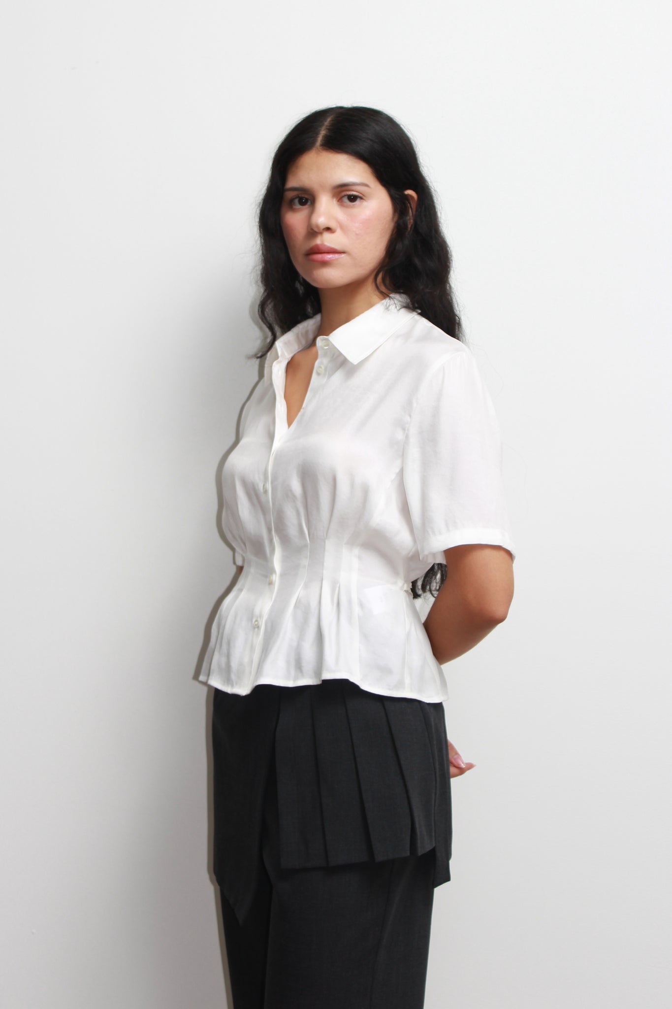 Silky Waist Pin Tuck Shirt in Off White