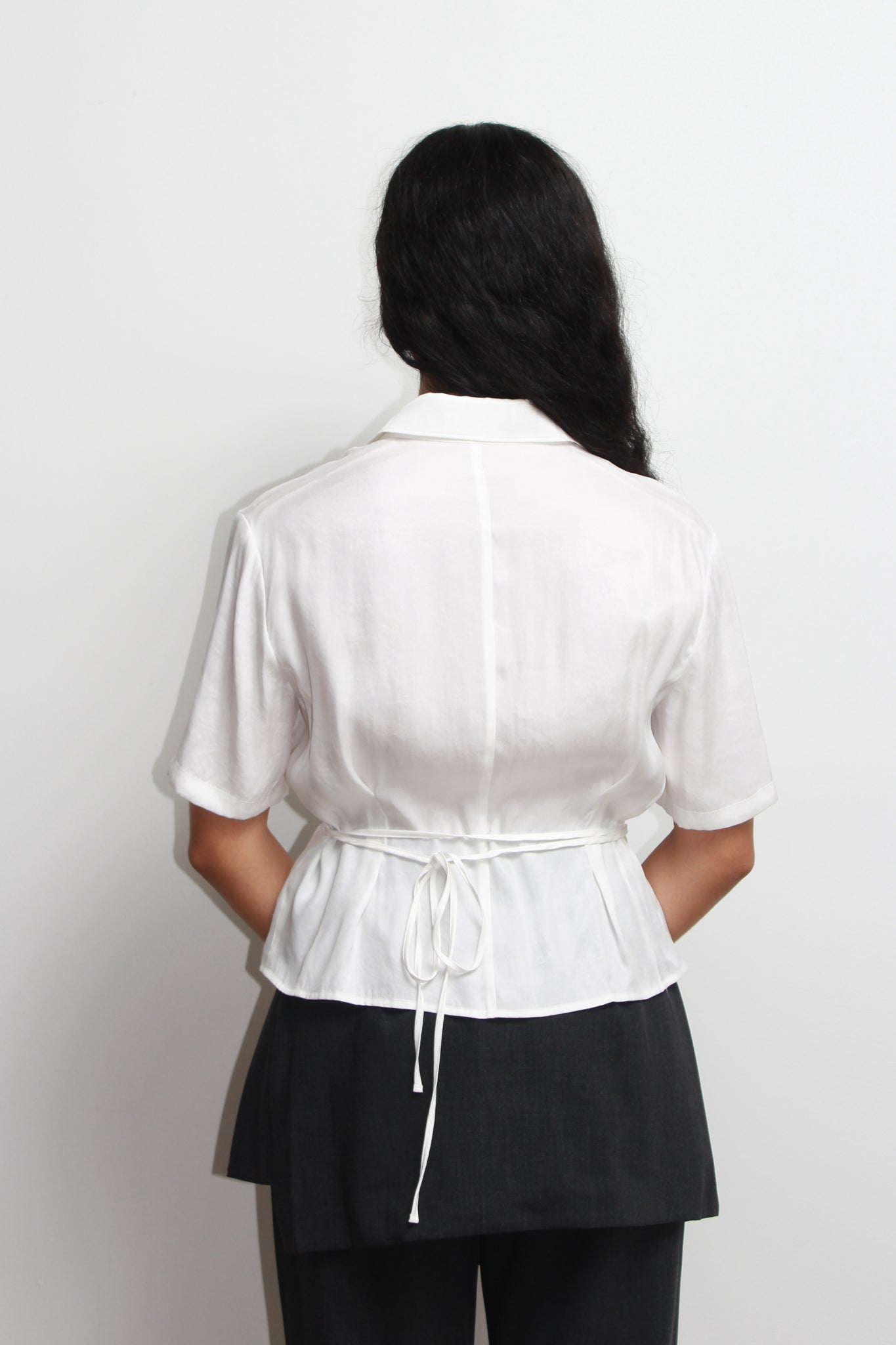 Silky Waist Pin Tuck Shirt in Off White