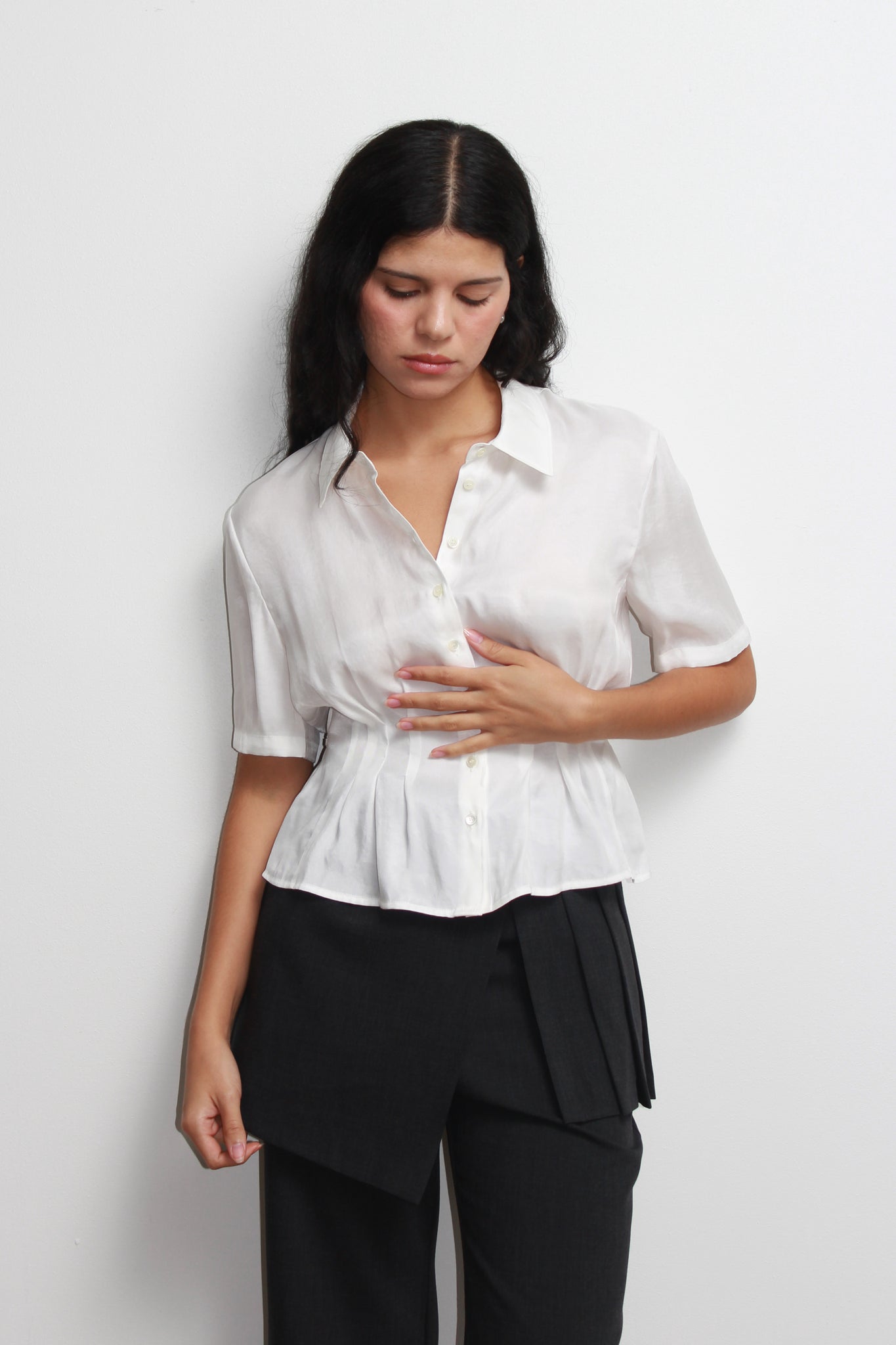 Silky Waist Pin Tuck Shirt in Off White