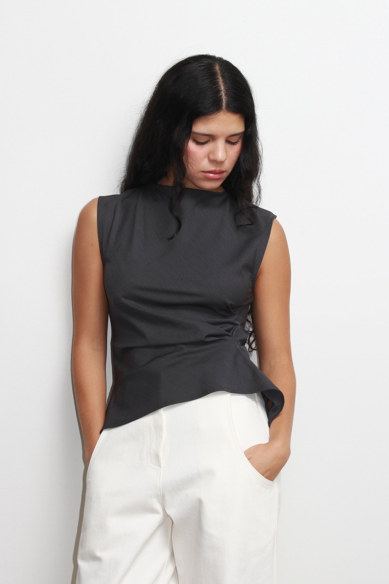 Vase Back Button Vest in Charcoal