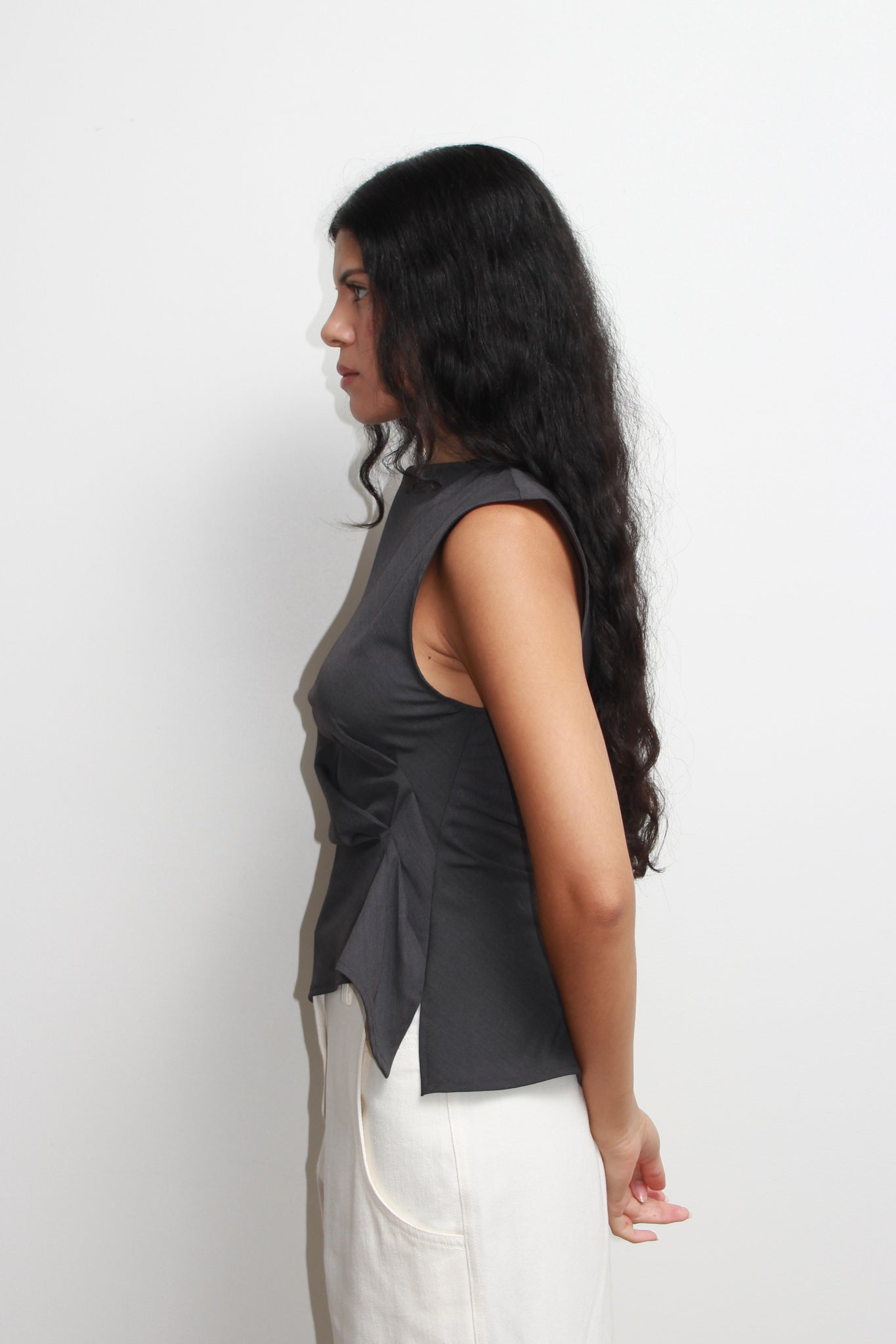 Vase Back Button Vest in Charcoal