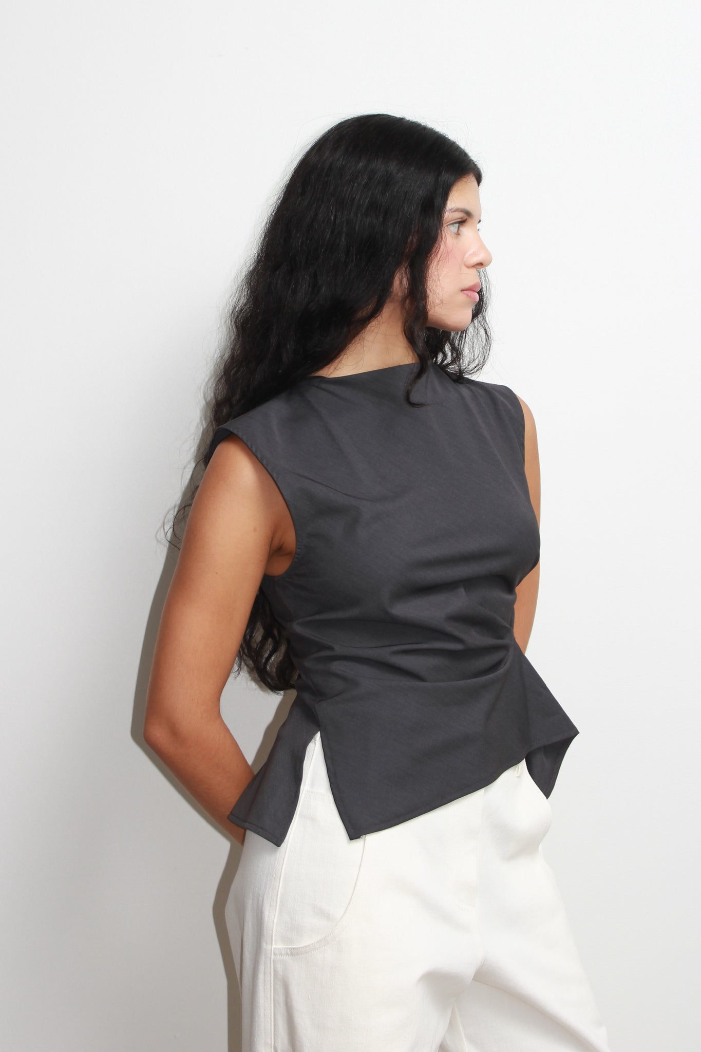 Vase Back Button Vest in Charcoal