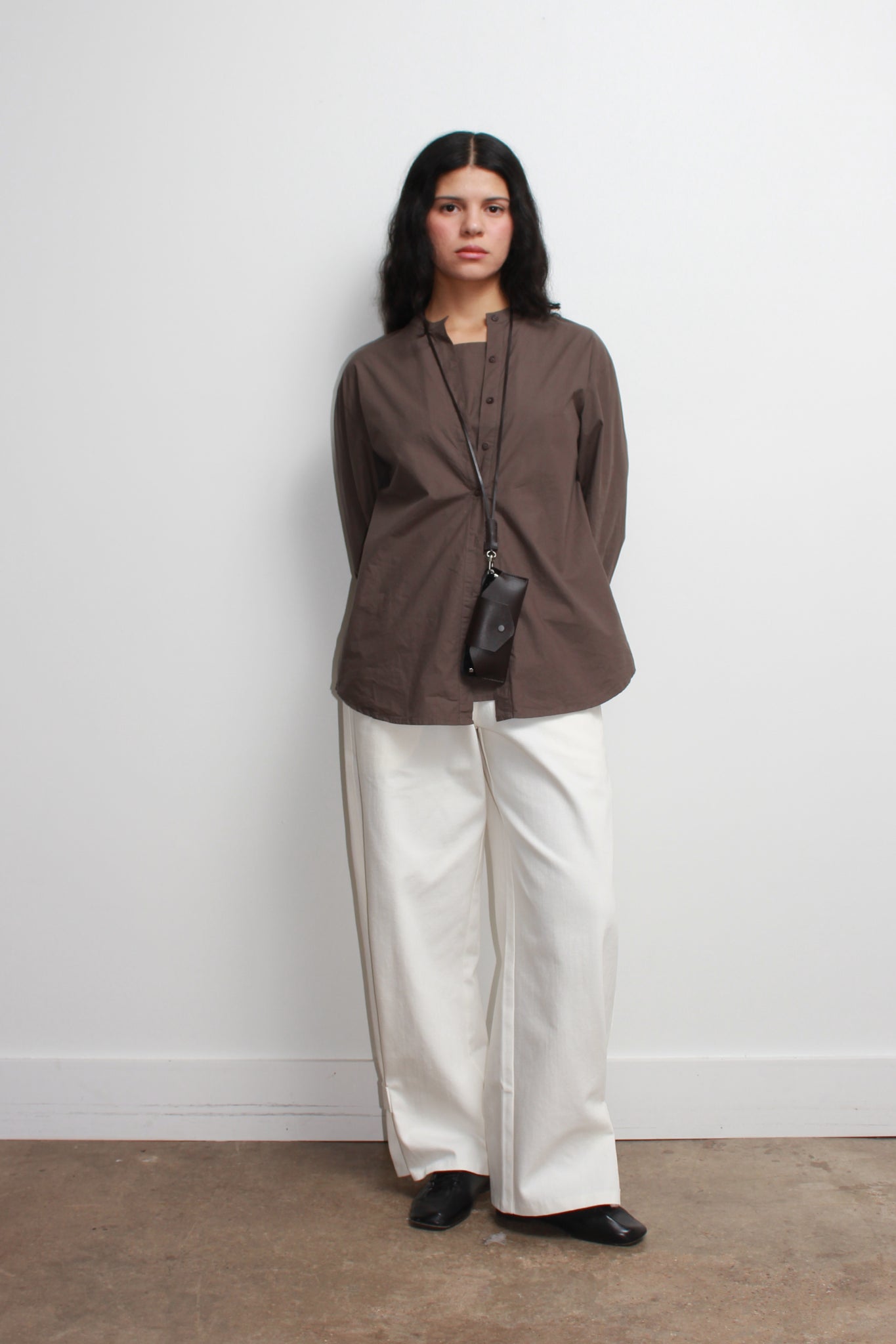Hidden Square Neck Button Up Shirt in Brown