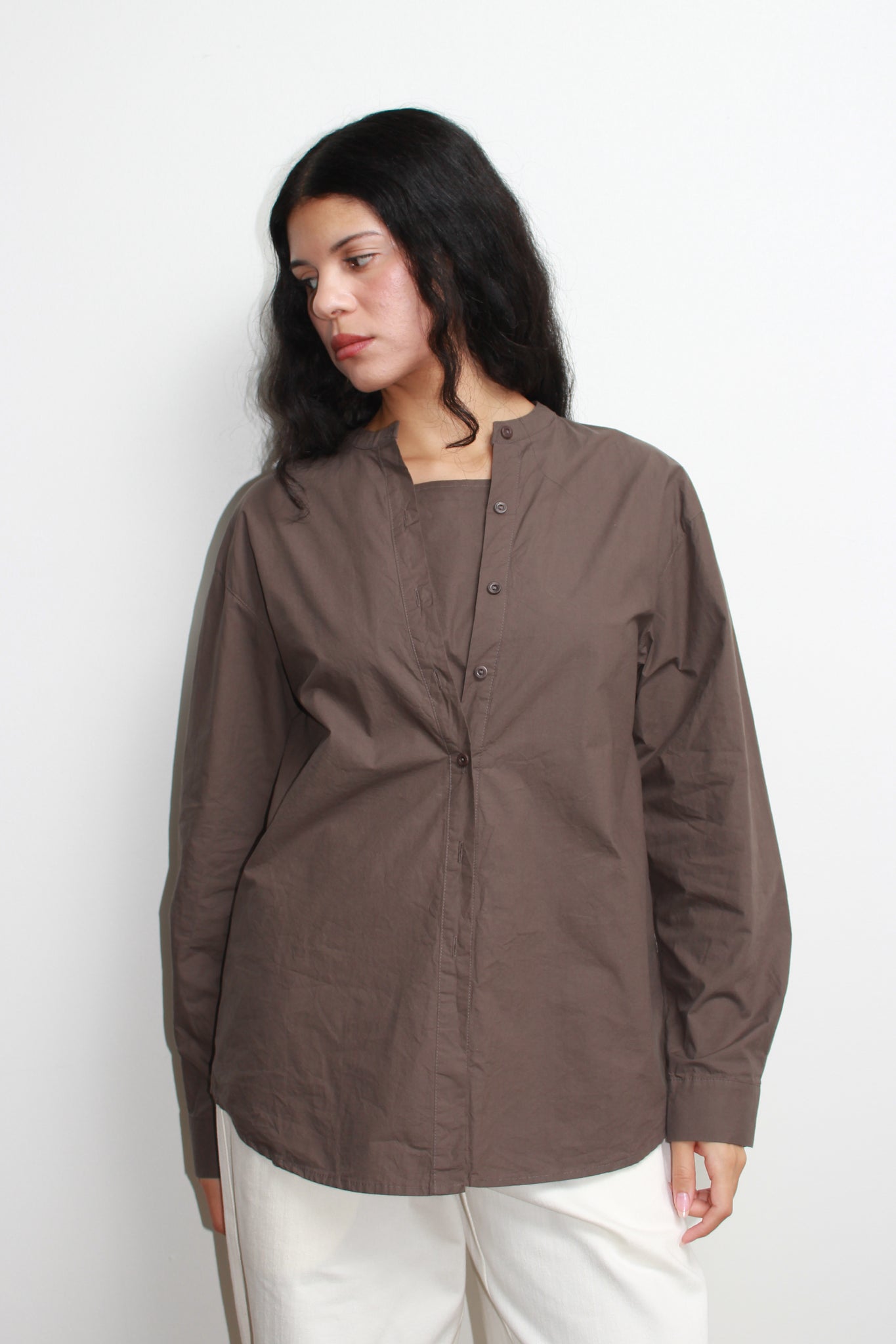 Hidden Square Neck Button Up Shirt in Brown