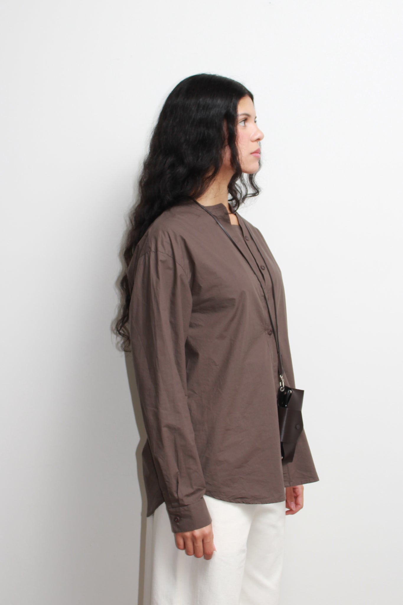Hidden Square Neck Button Up Shirt in Brown