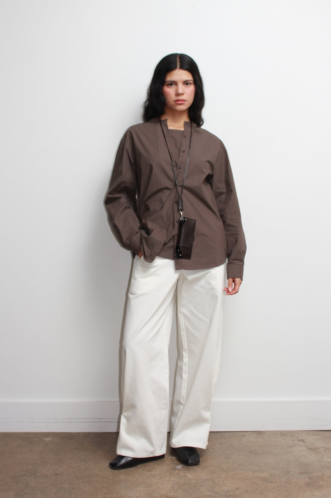 Hidden Square Neck Button Up Shirt in Brown