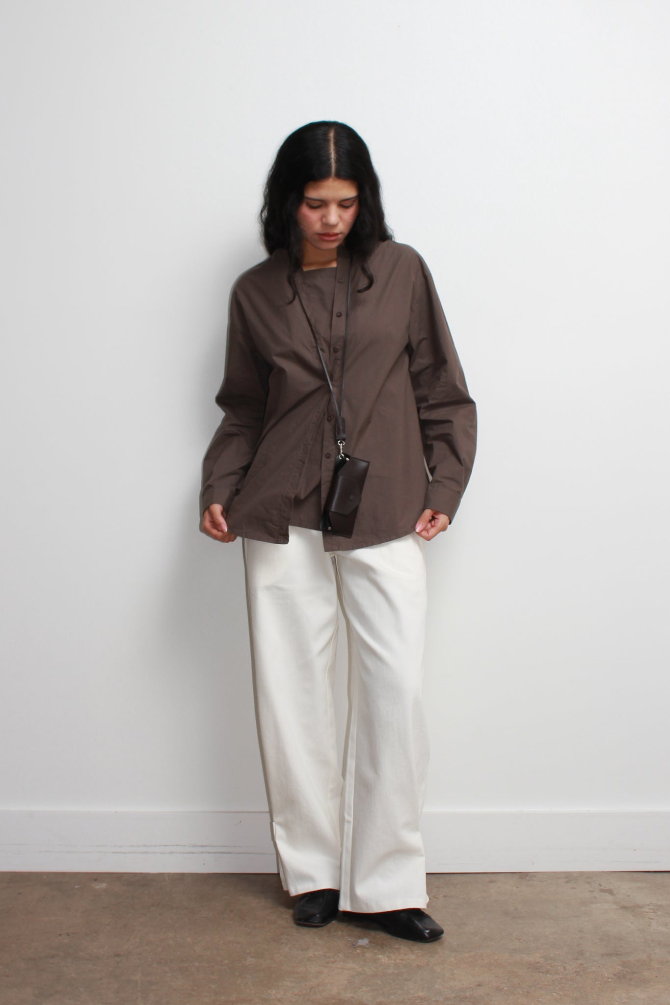 Hidden Square Neck Button Up Shirt in Brown
