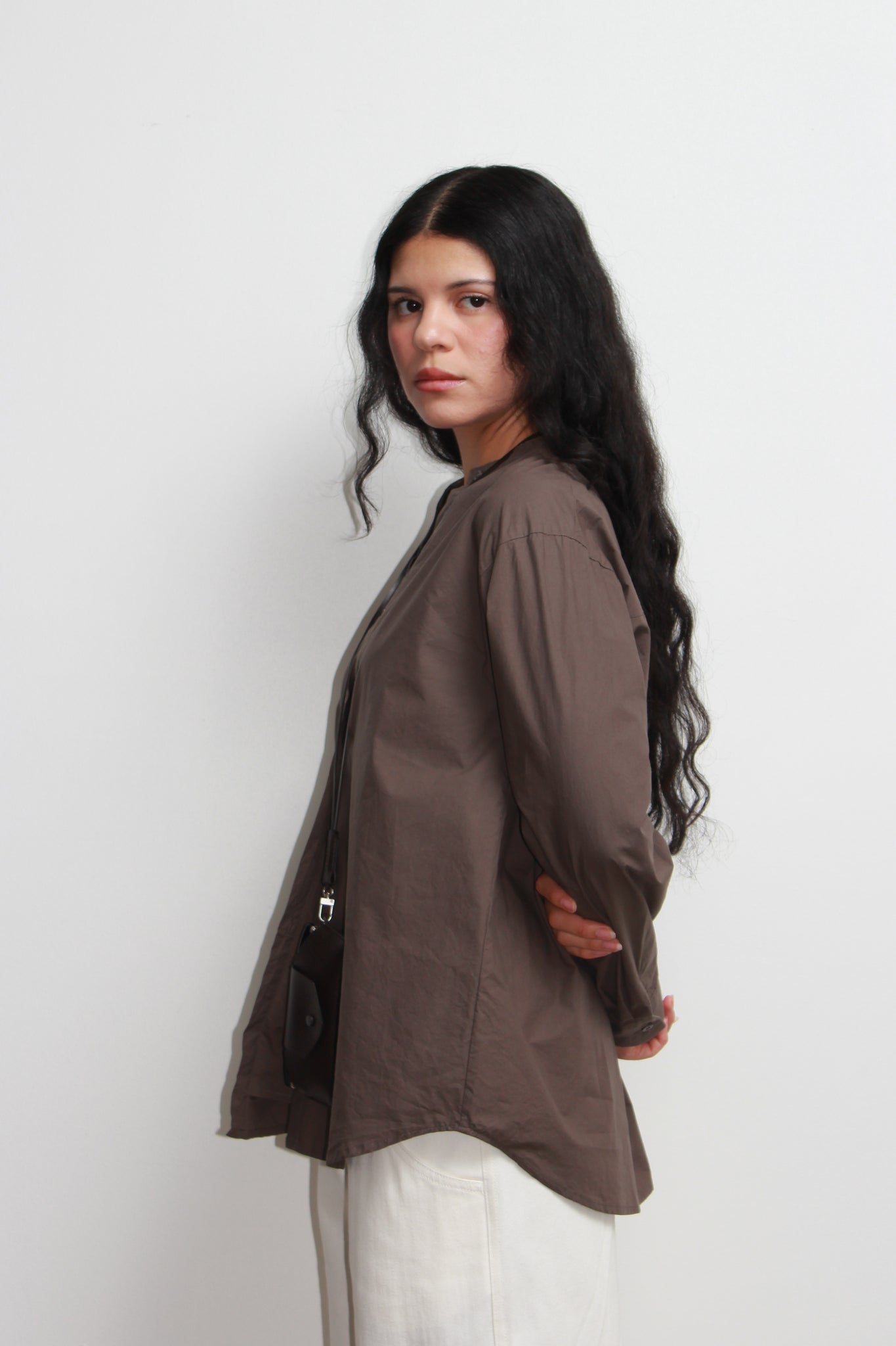 Hidden Square Neck Button Up Shirt in Brown