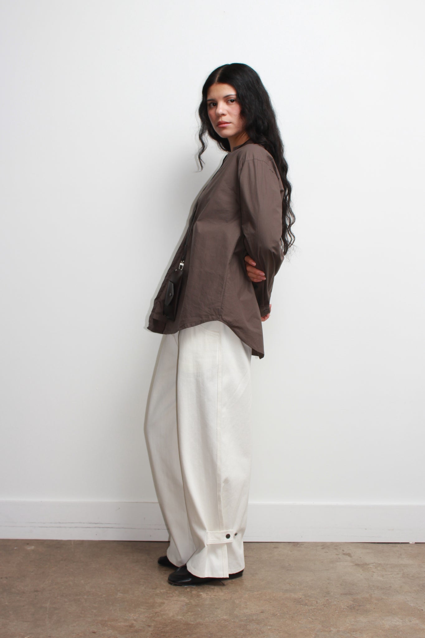 Hidden Square Neck Button Up Shirt in Brown