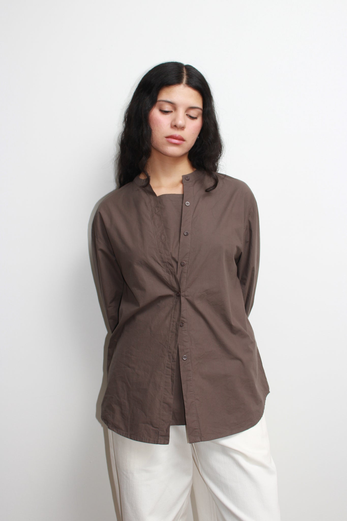 Hidden Square Neck Button Up Shirt in Brown