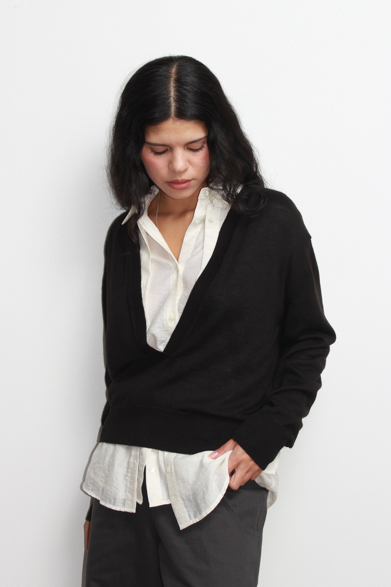 Koi Deep V-neck Knit Top in Black