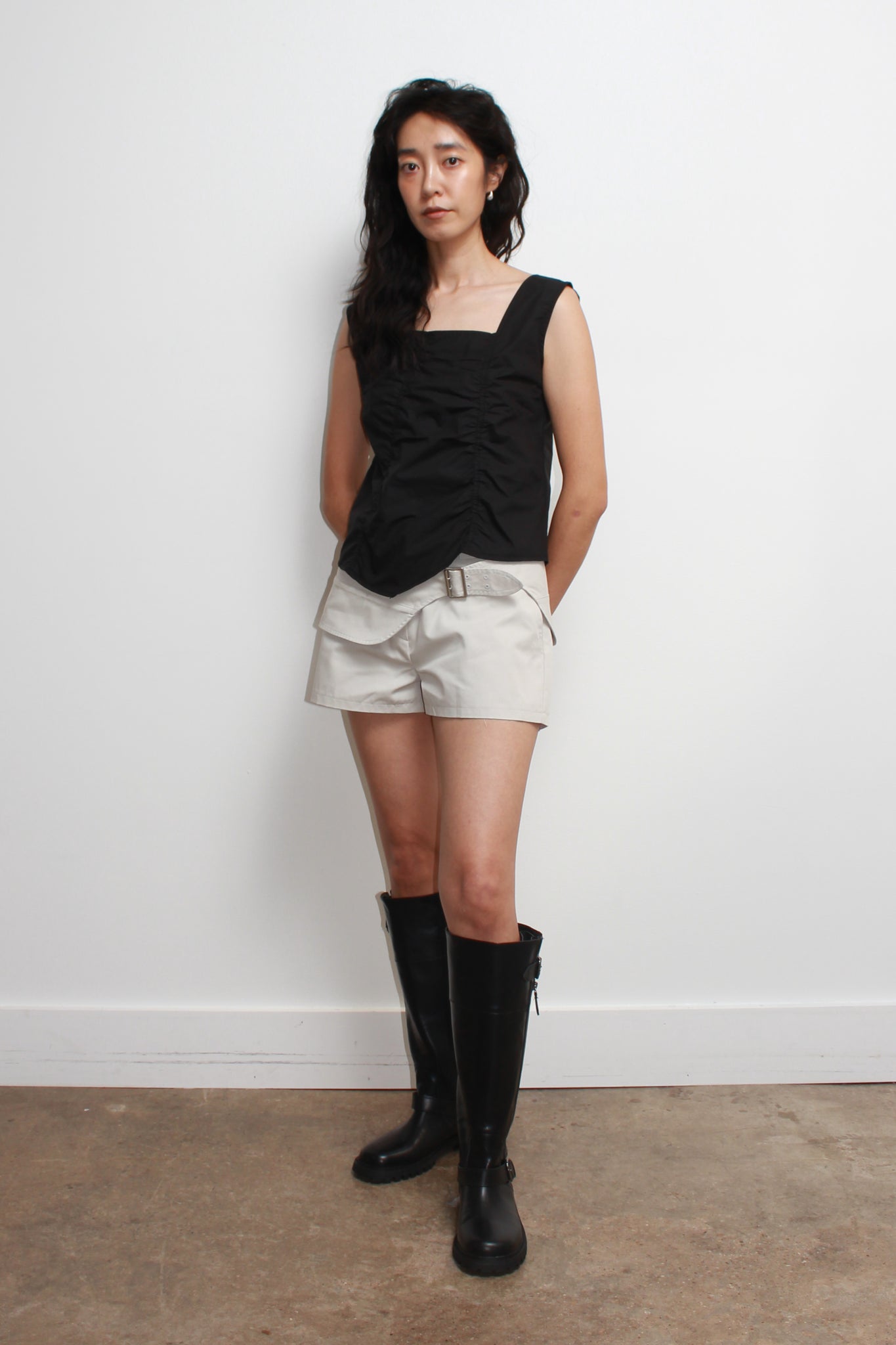 Three Shirring Unbalance Hem Top in Black