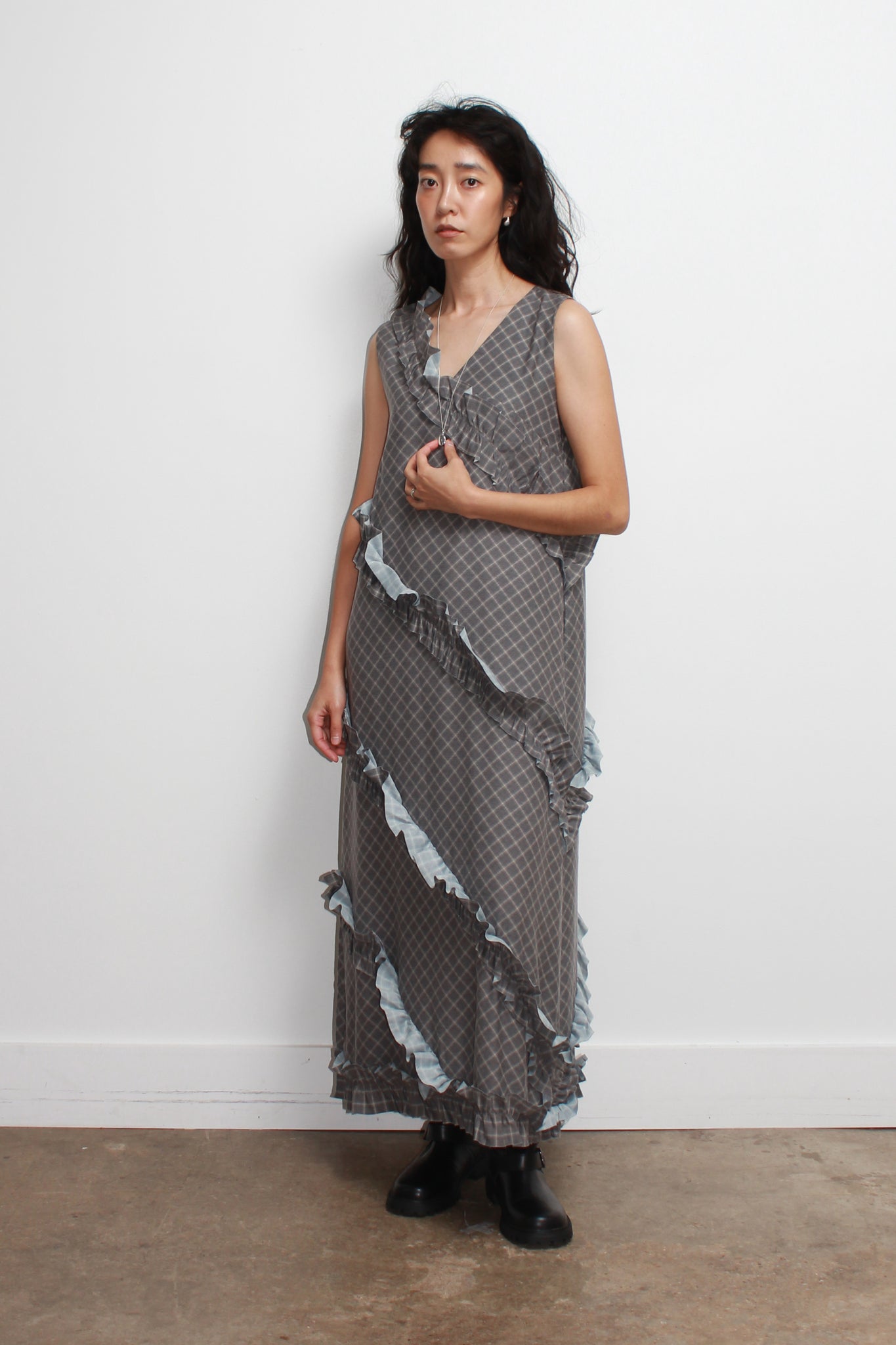 Plaid Diagonal Frill Dress