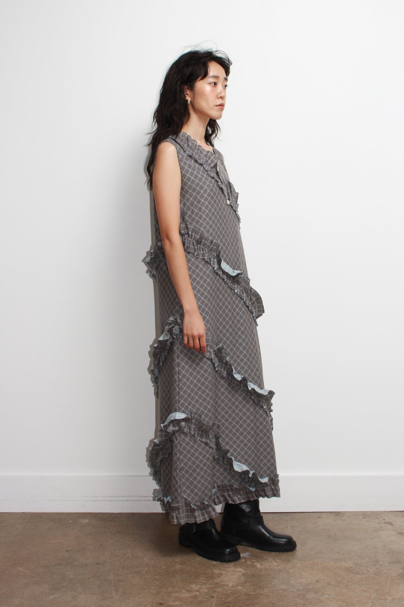 Plaid Diagonal Frill Dress