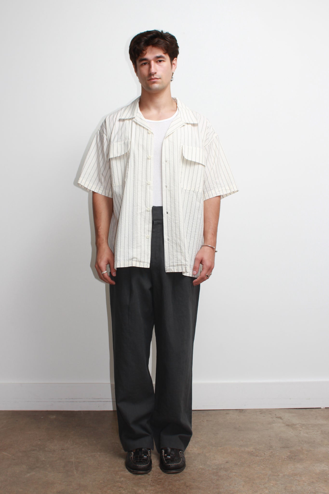 Chef Stripe Open Collar Shirt in Off-White