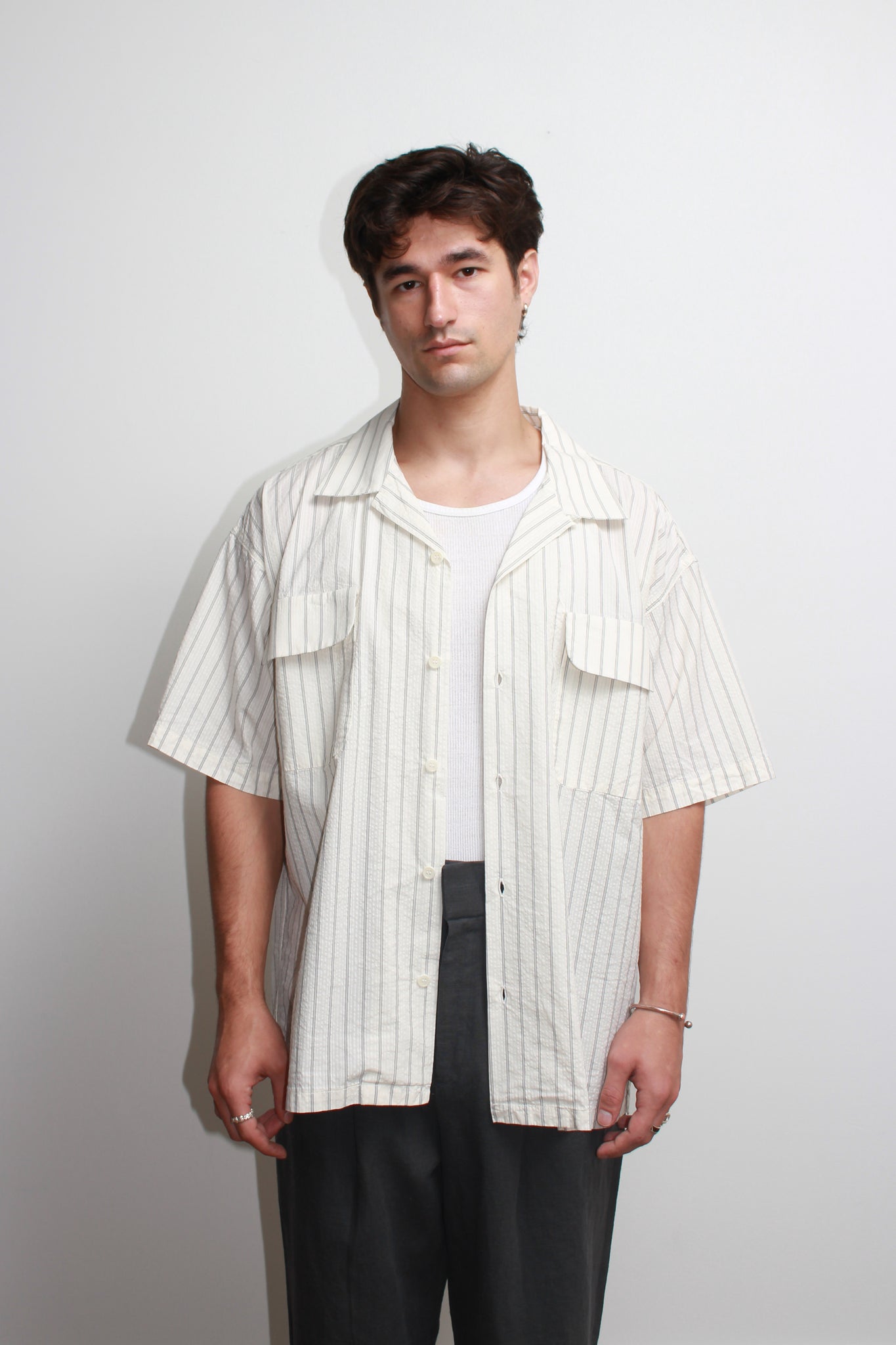 Chef Stripe Open Collar Shirt in Off-White