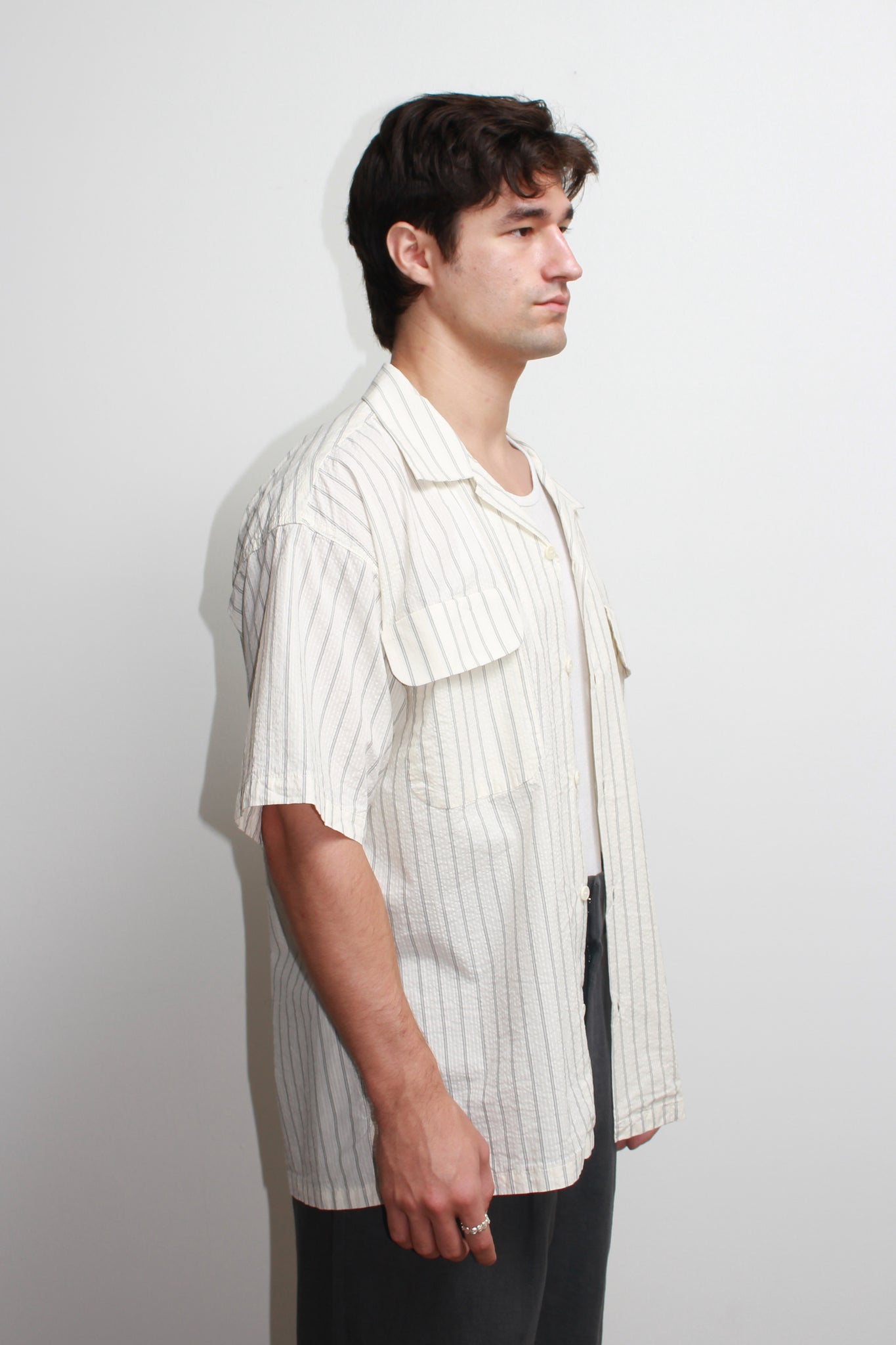 Chef Stripe Open Collar Shirt in Off-White