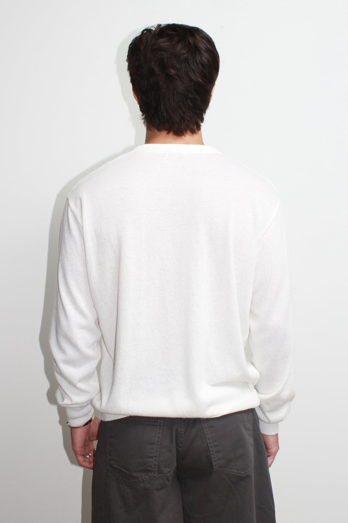 Crop Linen Round Neck Cardigan in Off White