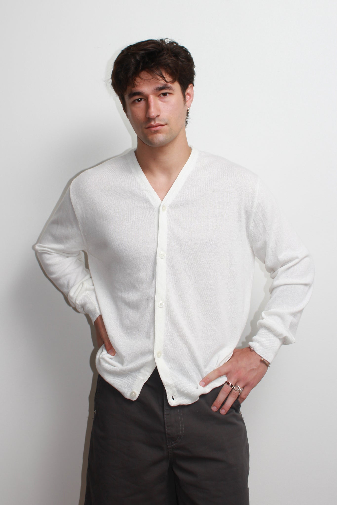 Crop Linen Round Neck Cardigan in Off White