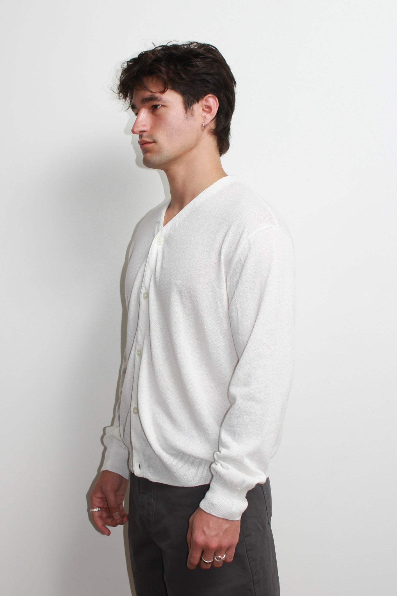 Crop Linen Round Neck Cardigan in Off White