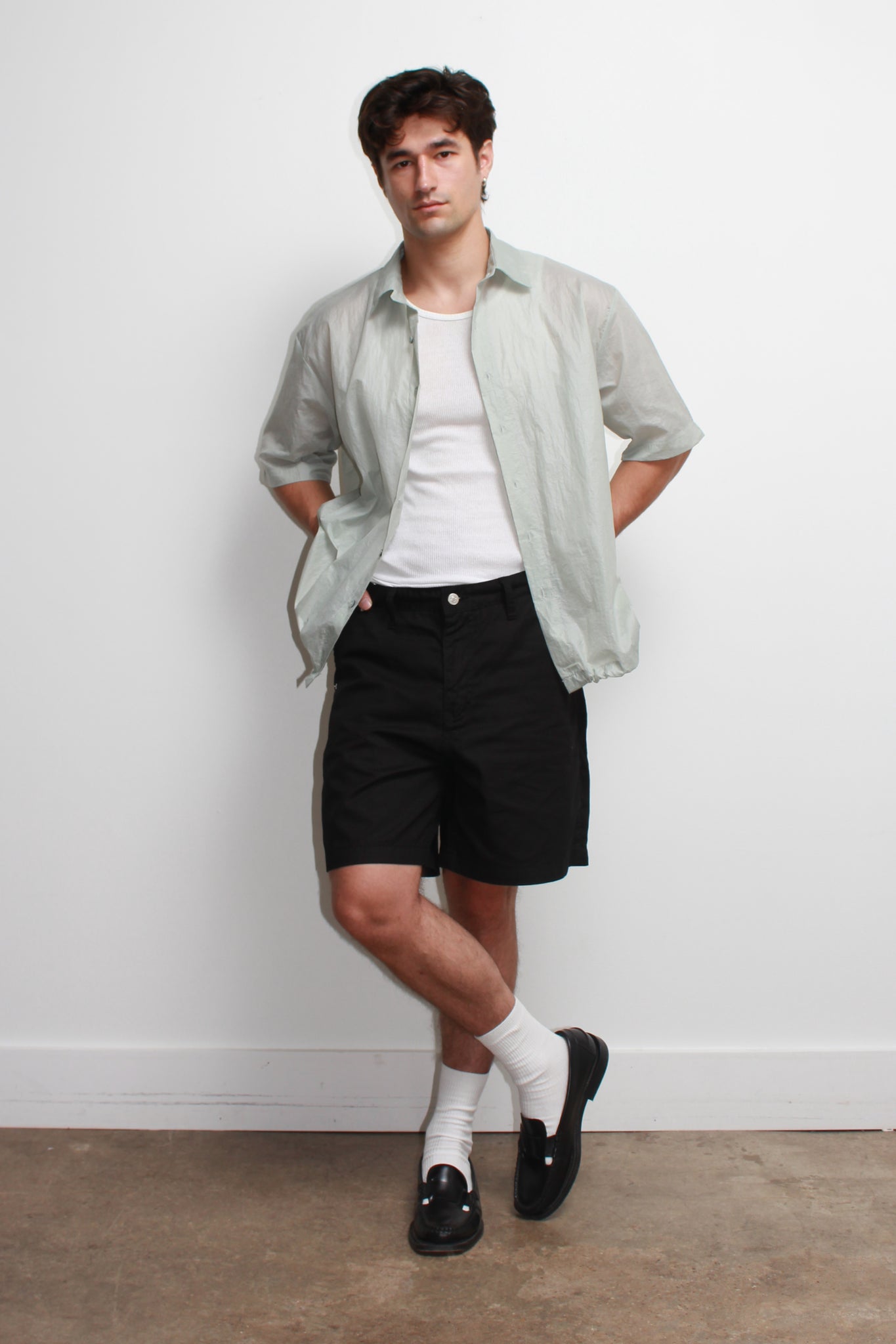 Glossy Short Sleeve Shirt in Mint Grey