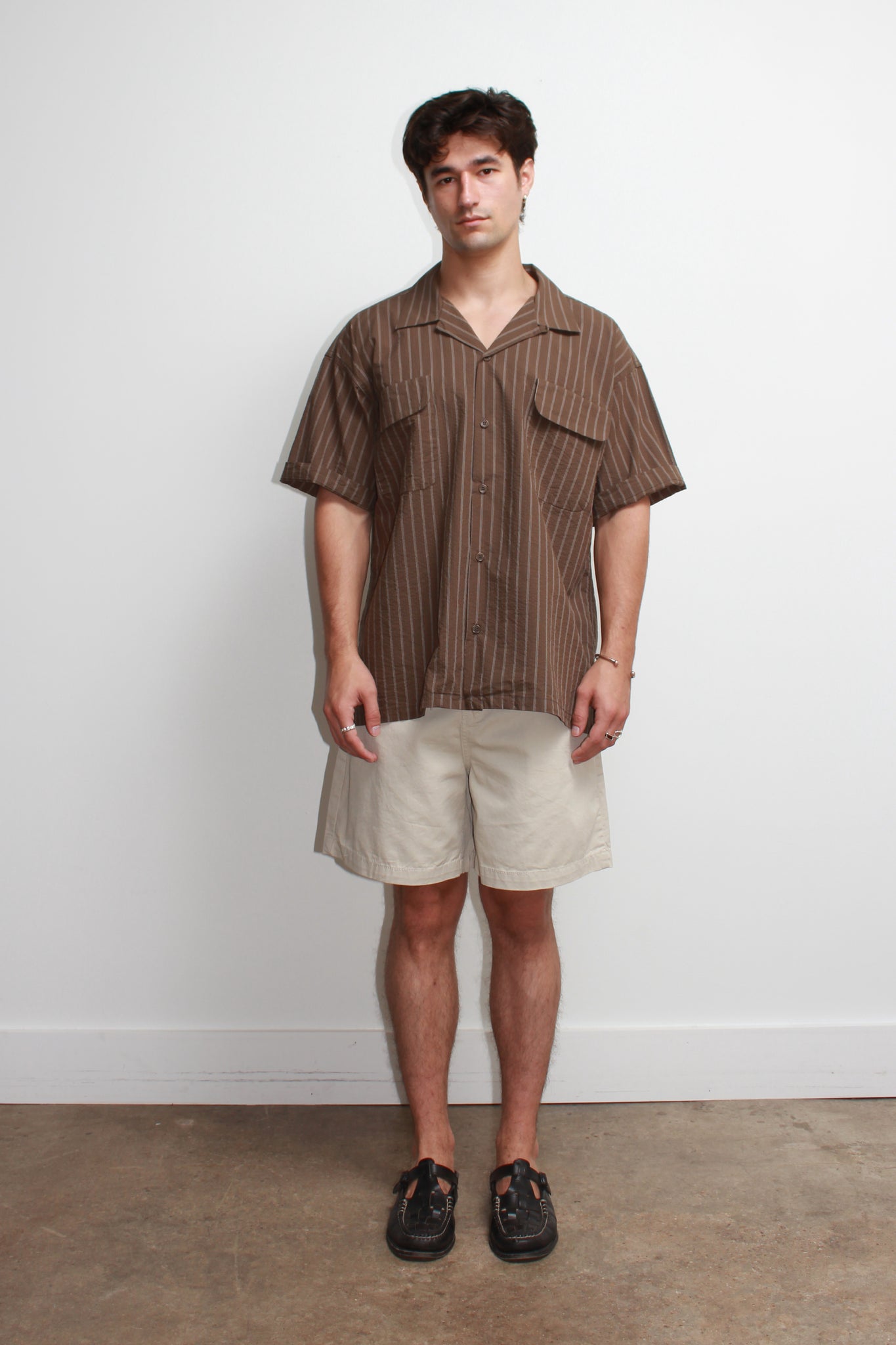 Chef Stripe Open Collar Shirt in Brown