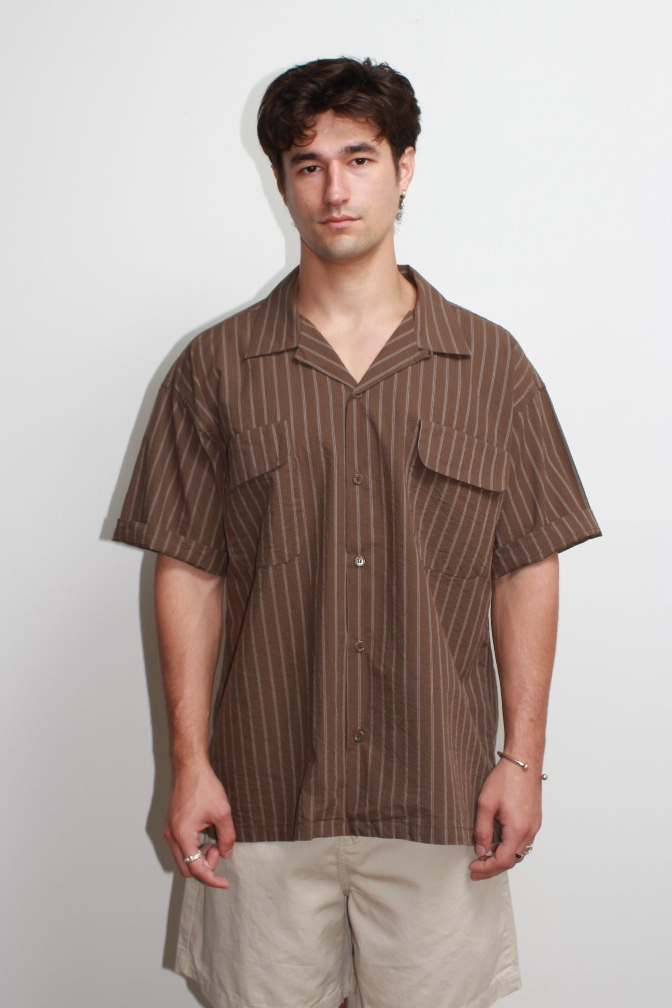Chef Stripe Open Collar Shirt in Brown