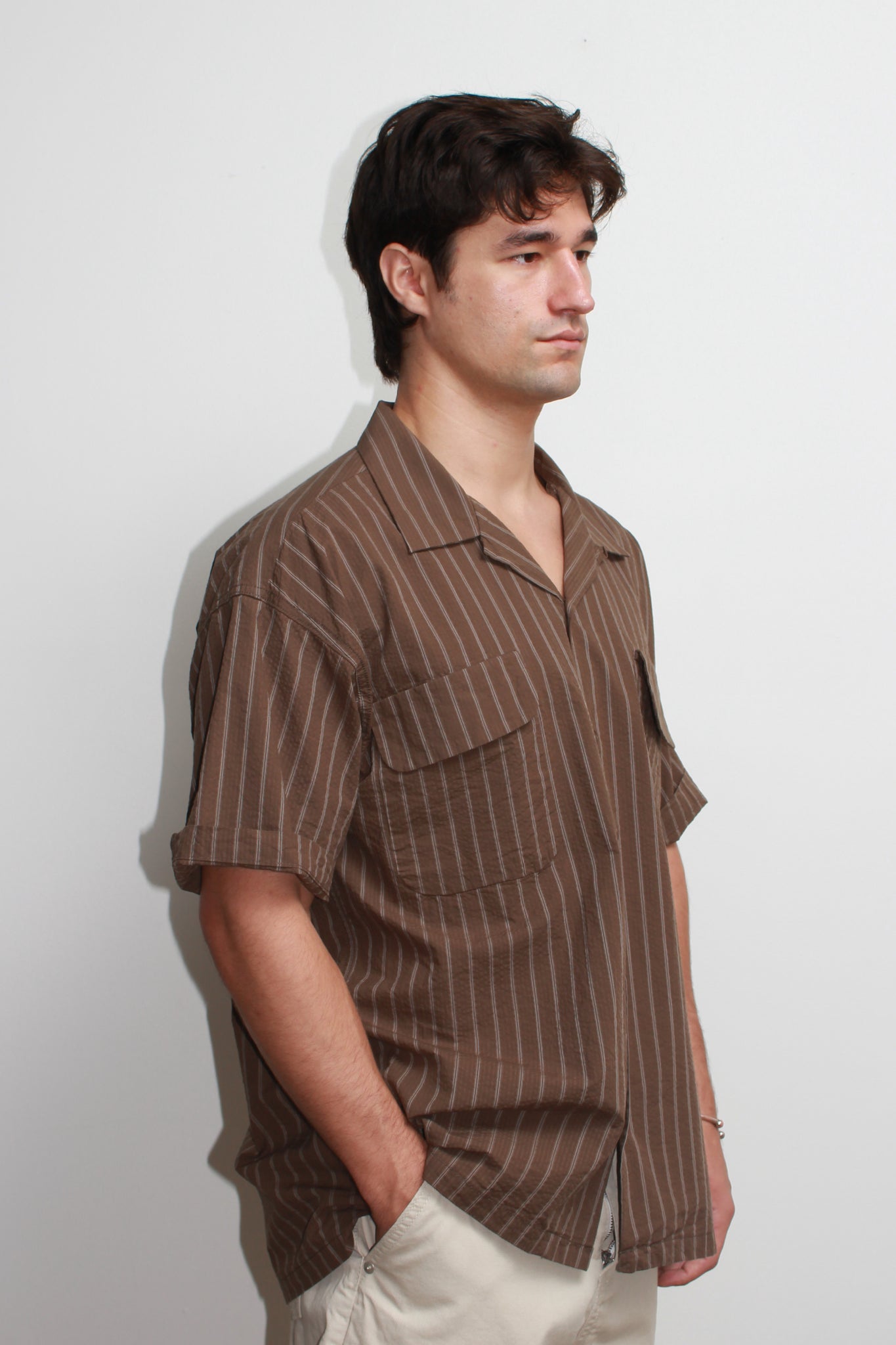 Chef Stripe Open Collar Shirt in Brown