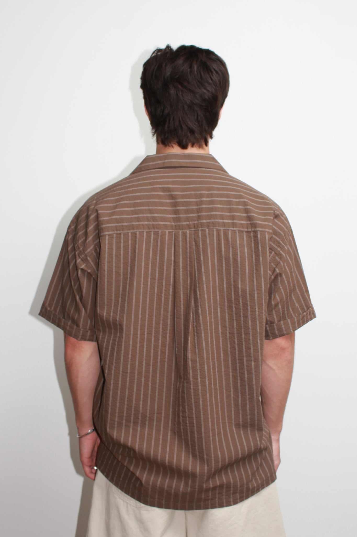Chef Stripe Open Collar Shirt in Brown