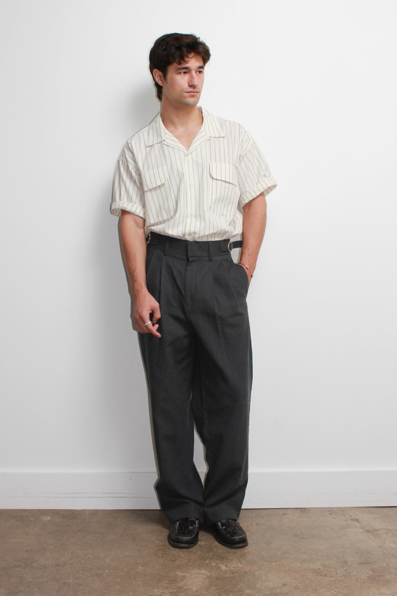 Chef Stripe Open Collar Shirt in Off-White