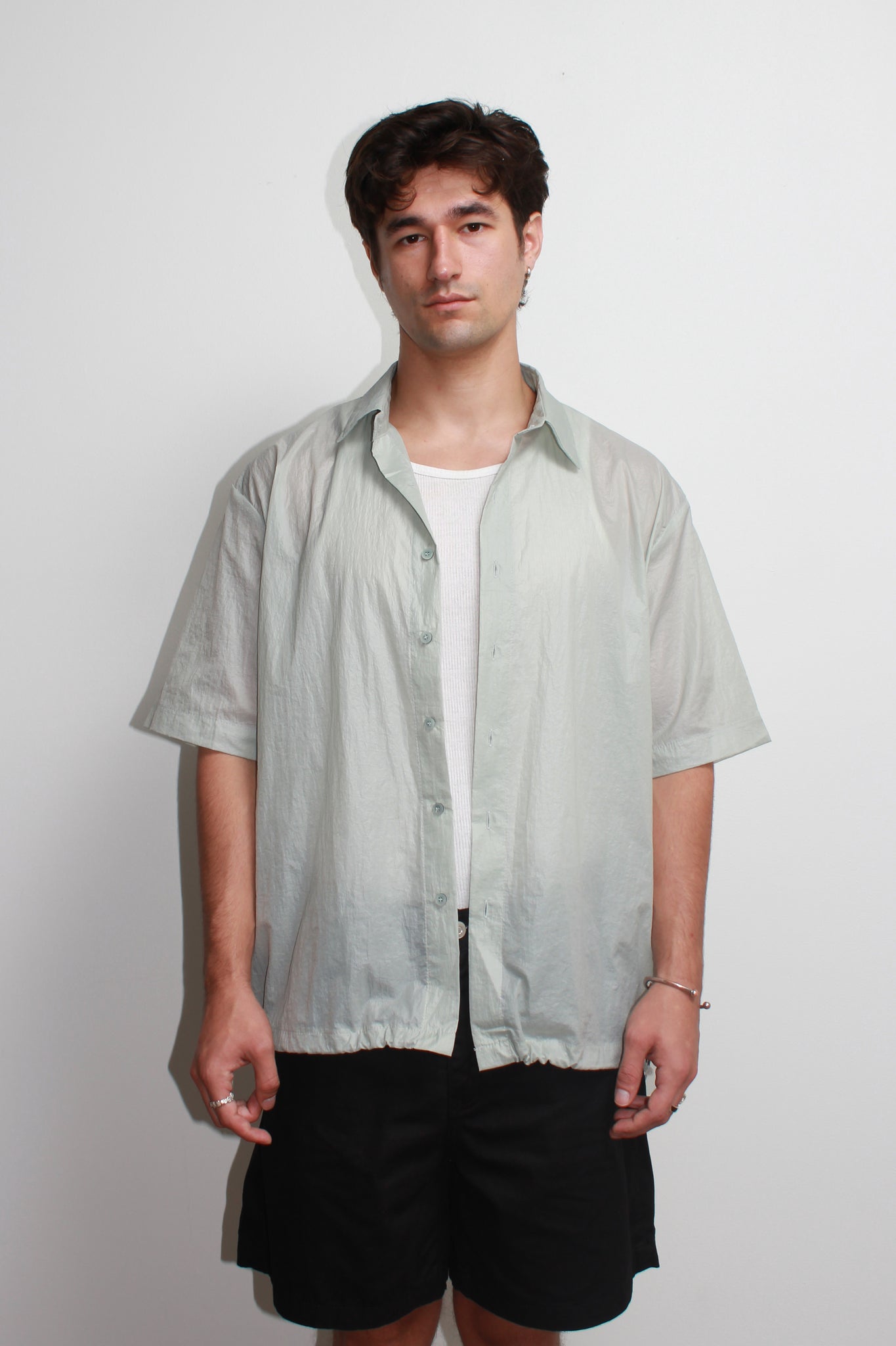 Glossy Short Sleeve Shirt in Mint Grey