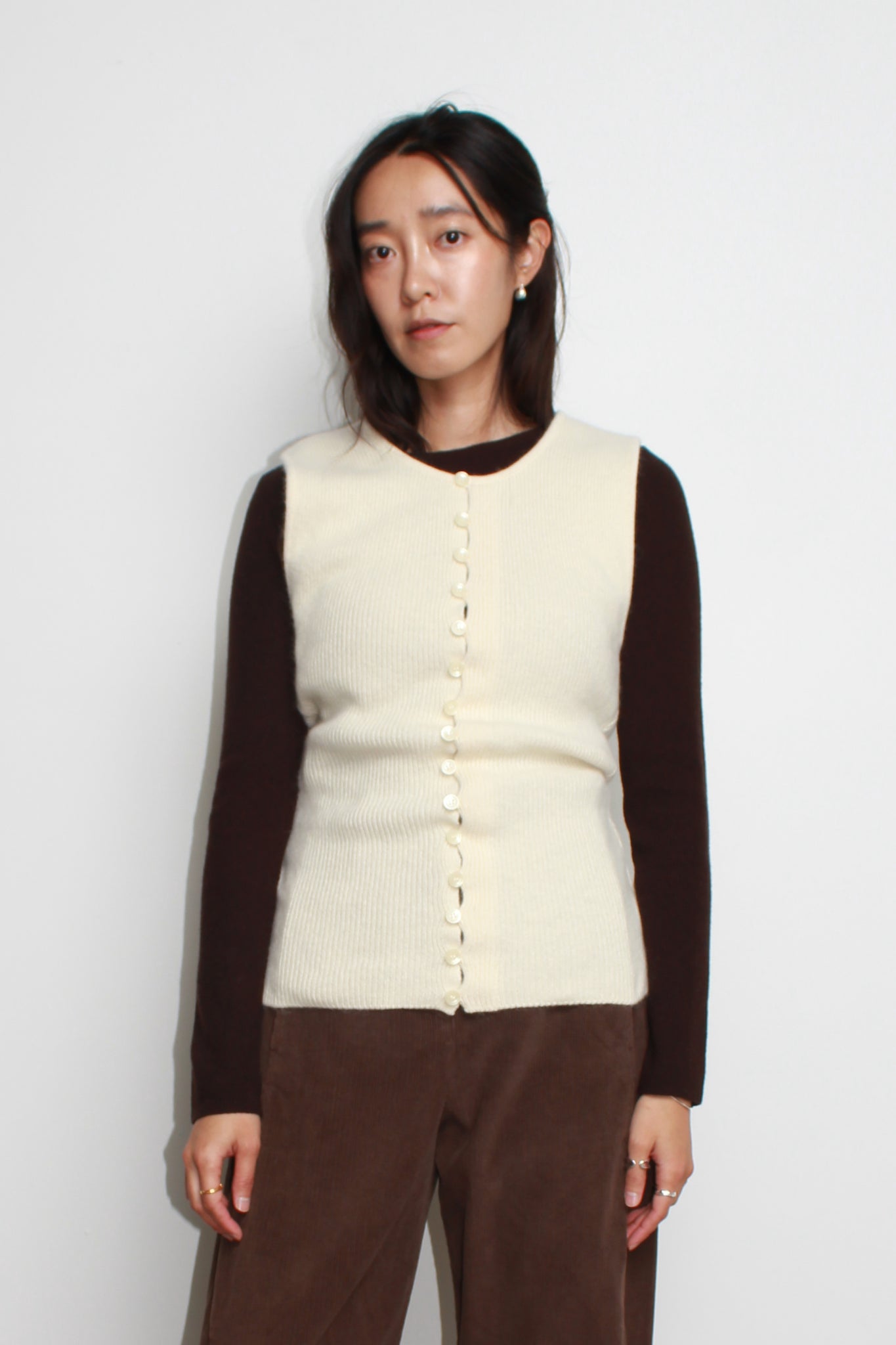 Line Wool Knit Vest in Ivory