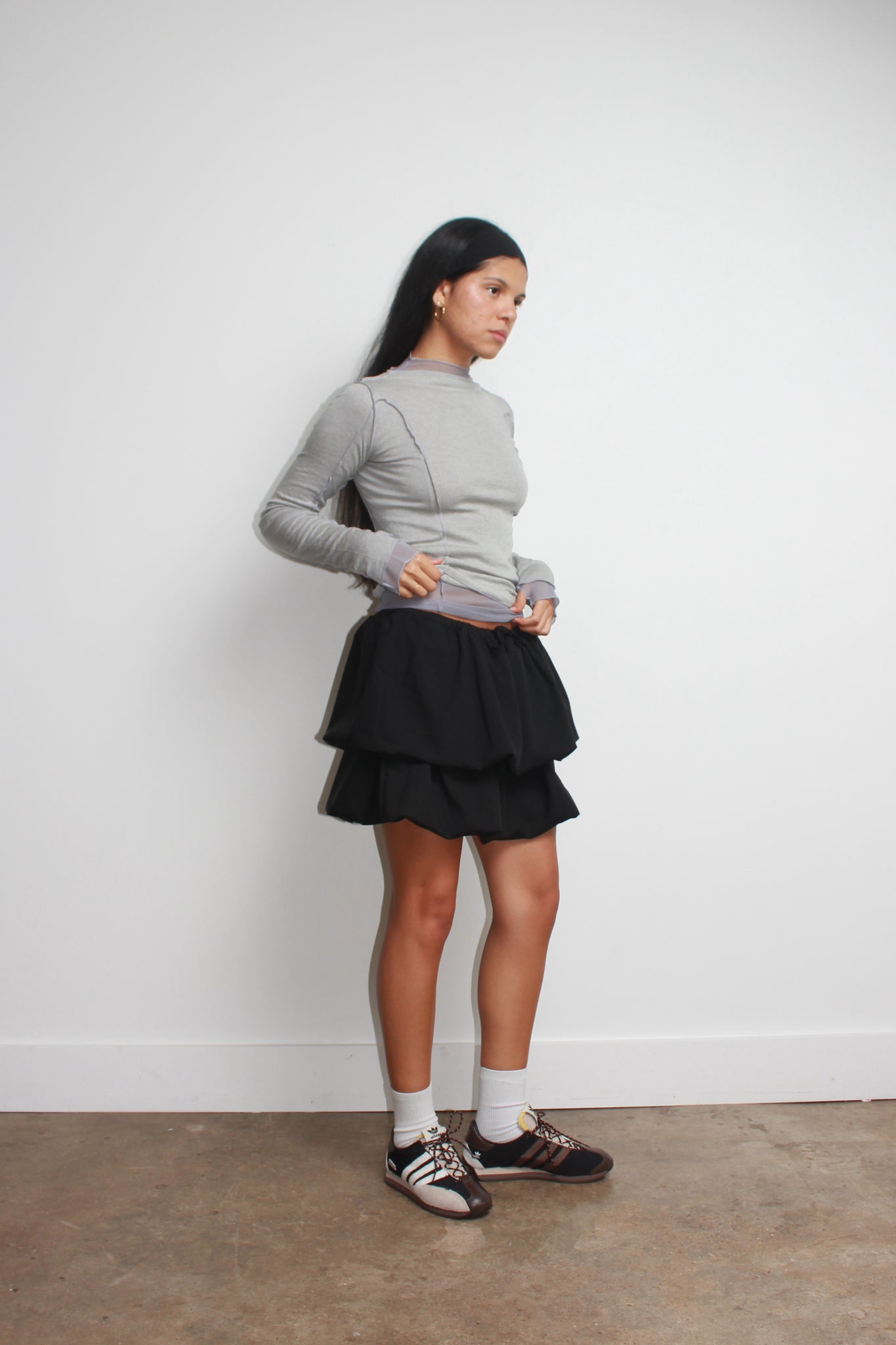 Glony Mesh Layered Mockneck top in Grey