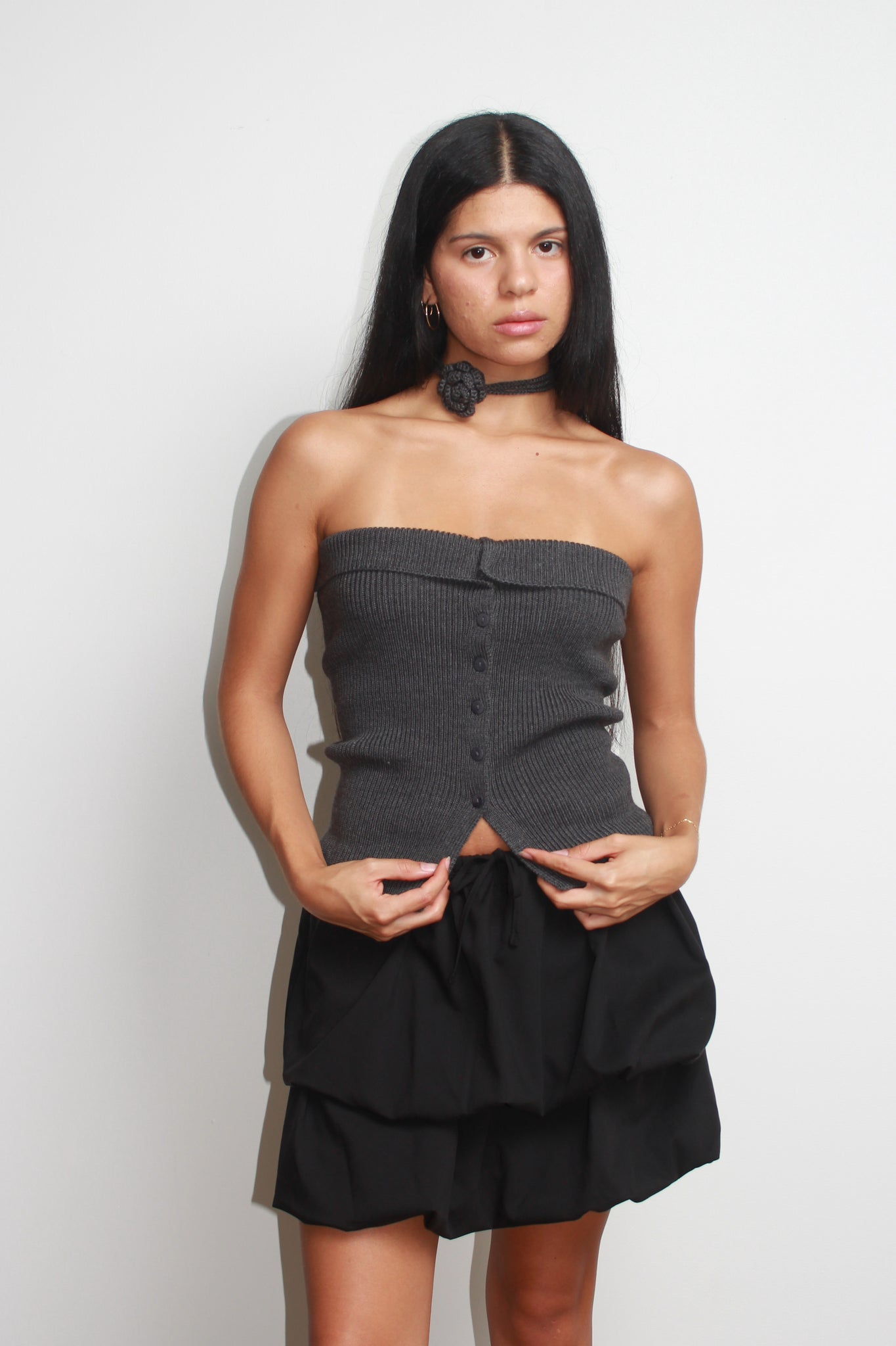 Rose corsage Wool Bustier in Charcoal