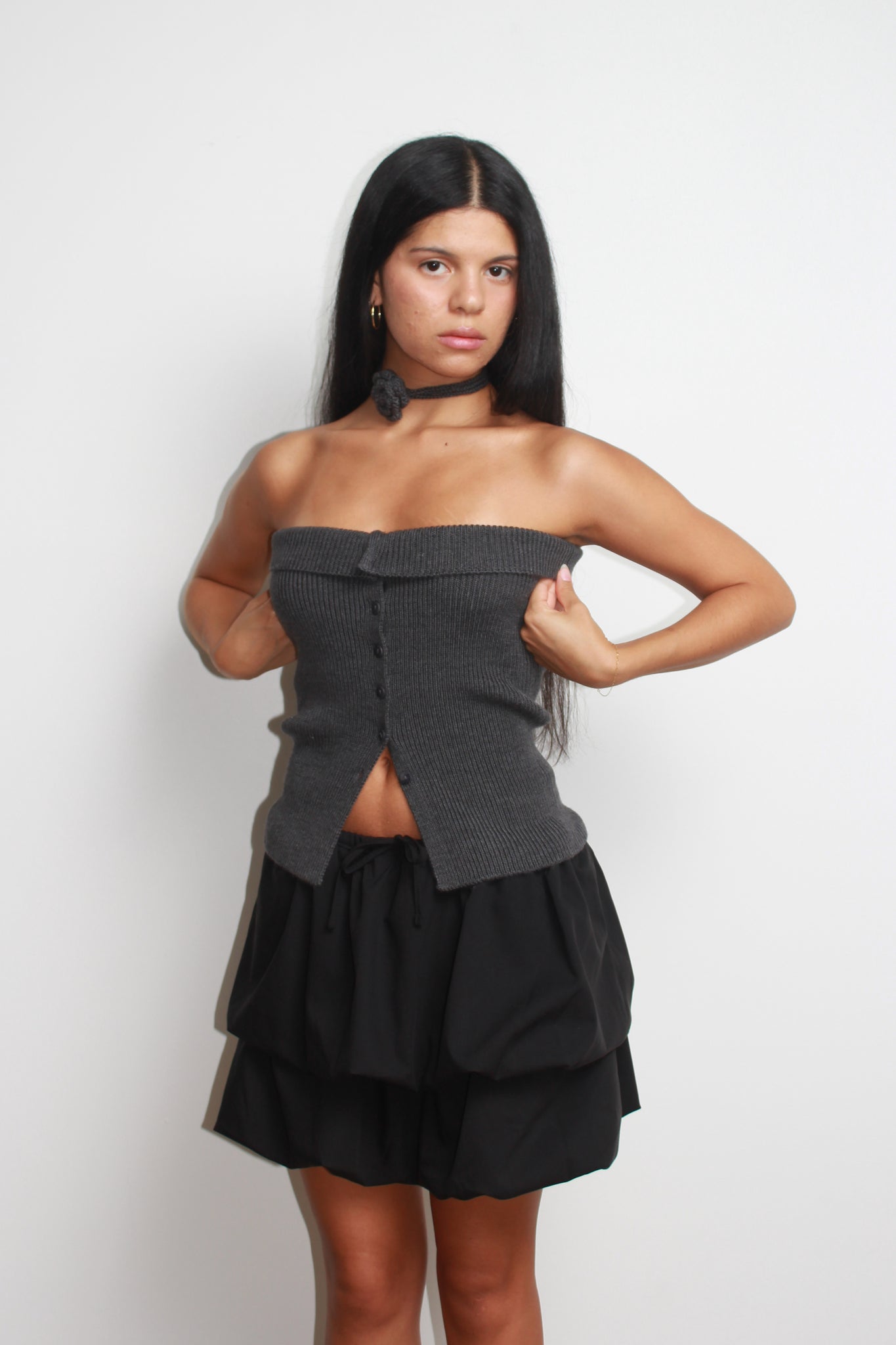 Rose corsage Wool Bustier in Charcoal