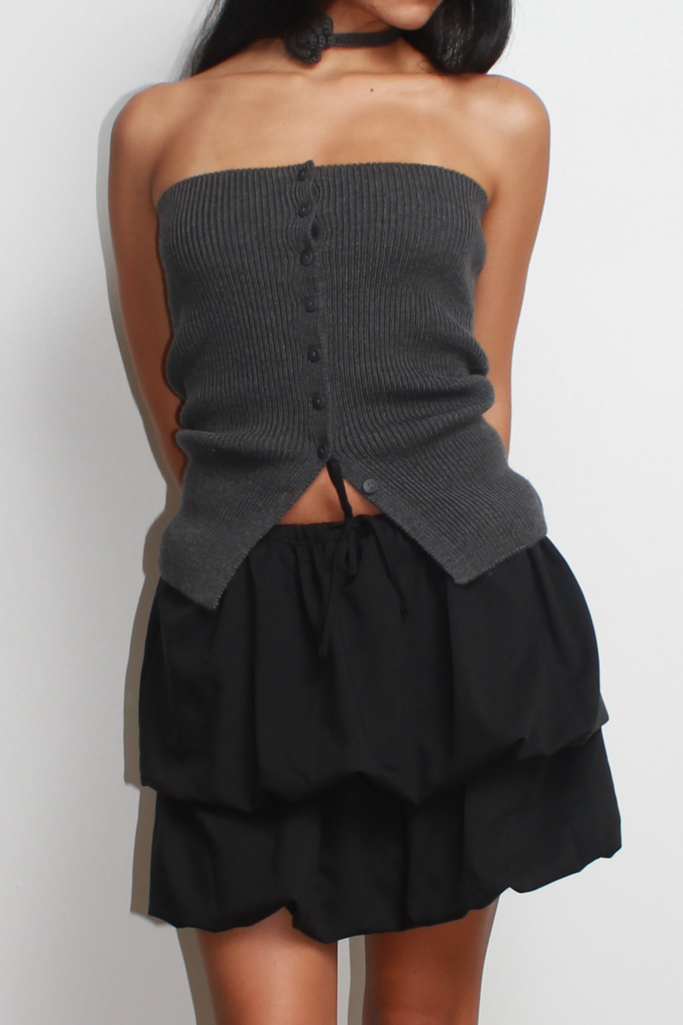 Rose corsage Wool Bustier in Charcoal