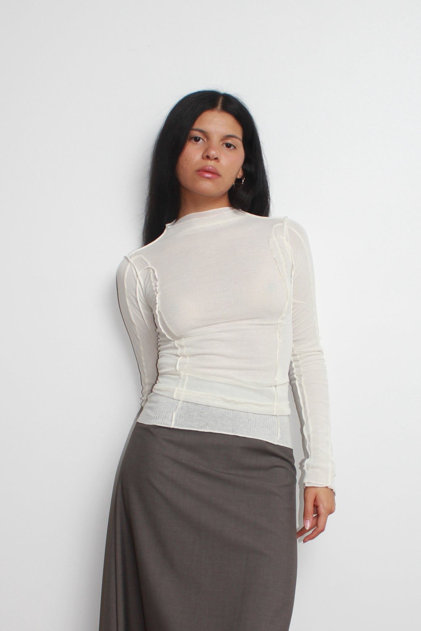 Glony Mesh Layered Mockneck top in Ivory