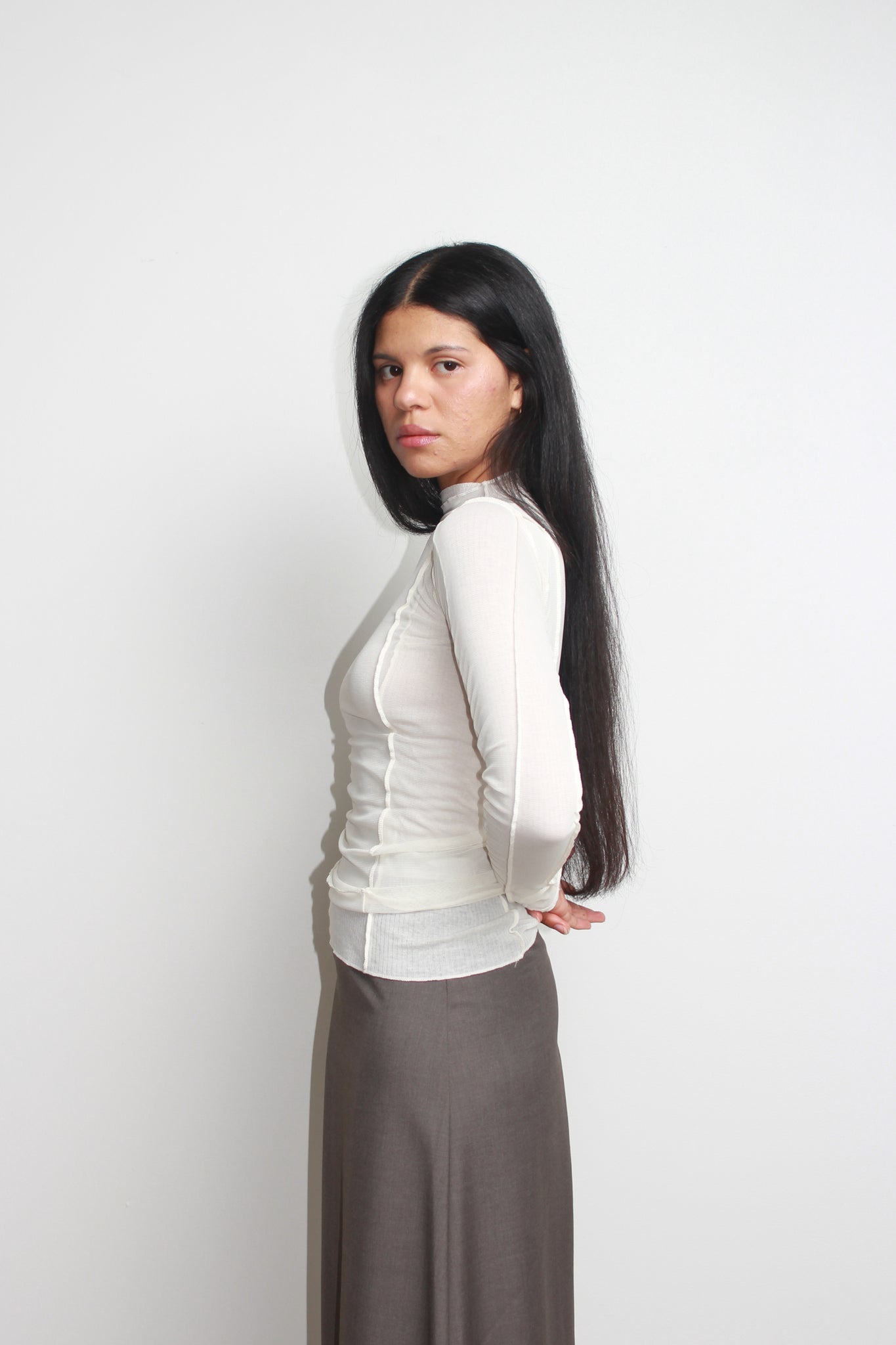 Glony Mesh Layered Mockneck top in Ivory